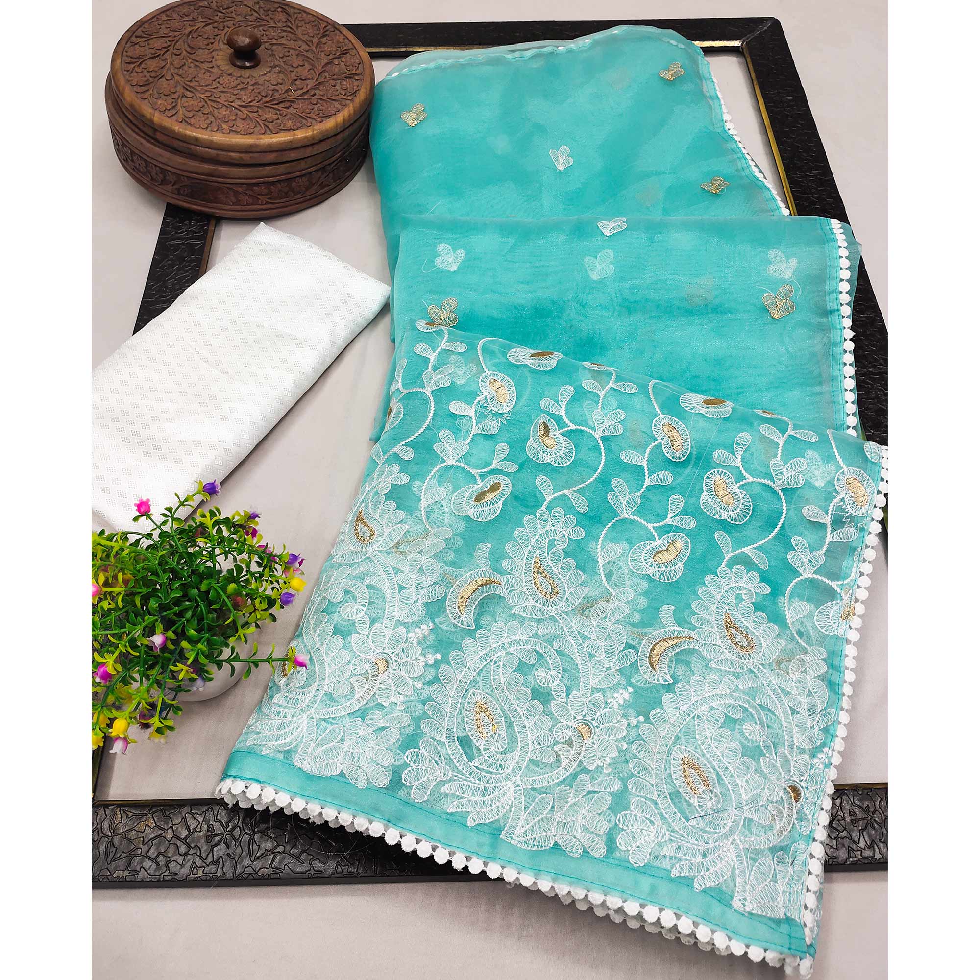 Turquoise Embroidered Organza Saree