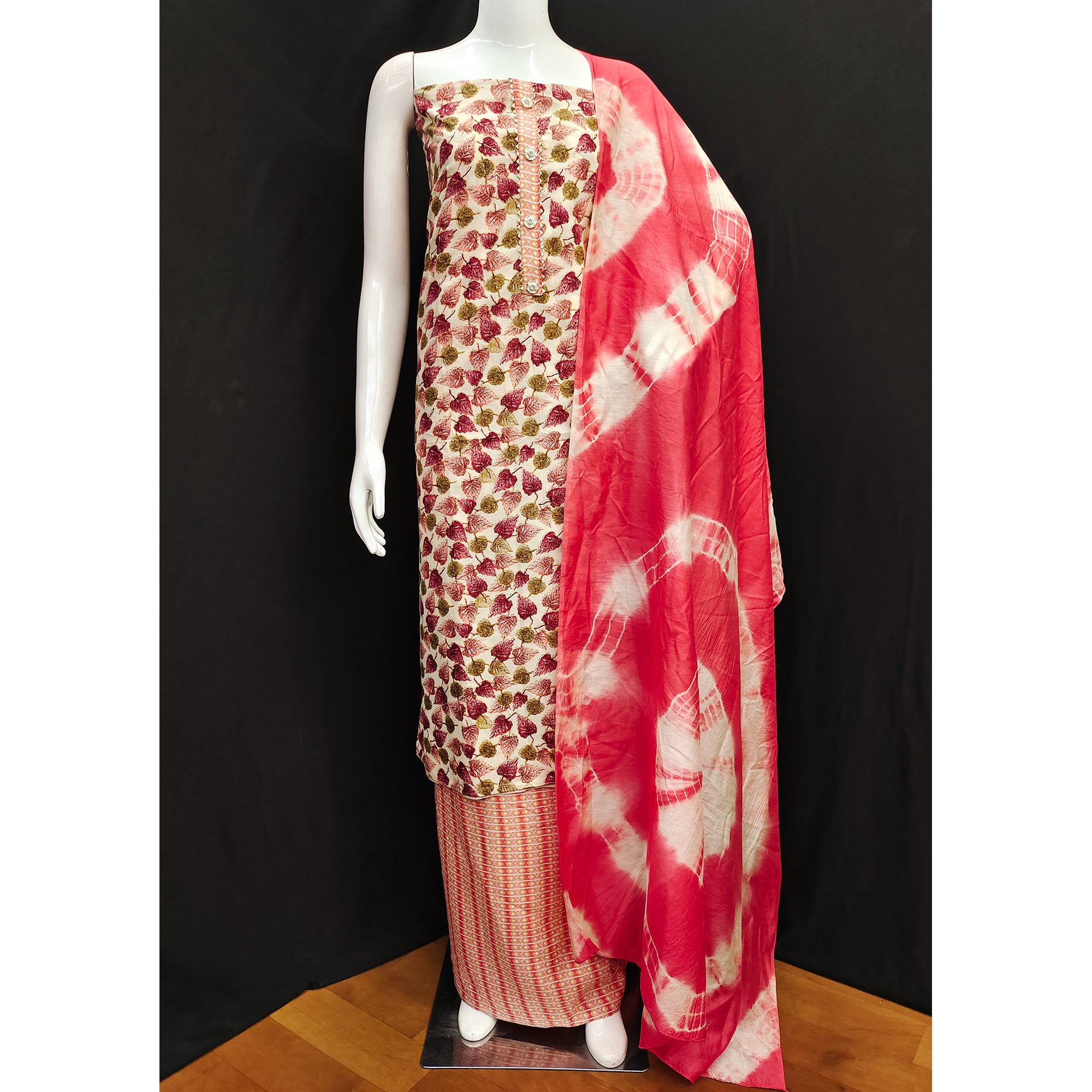 Red Foil Printed Cotton Blend Dress Material
