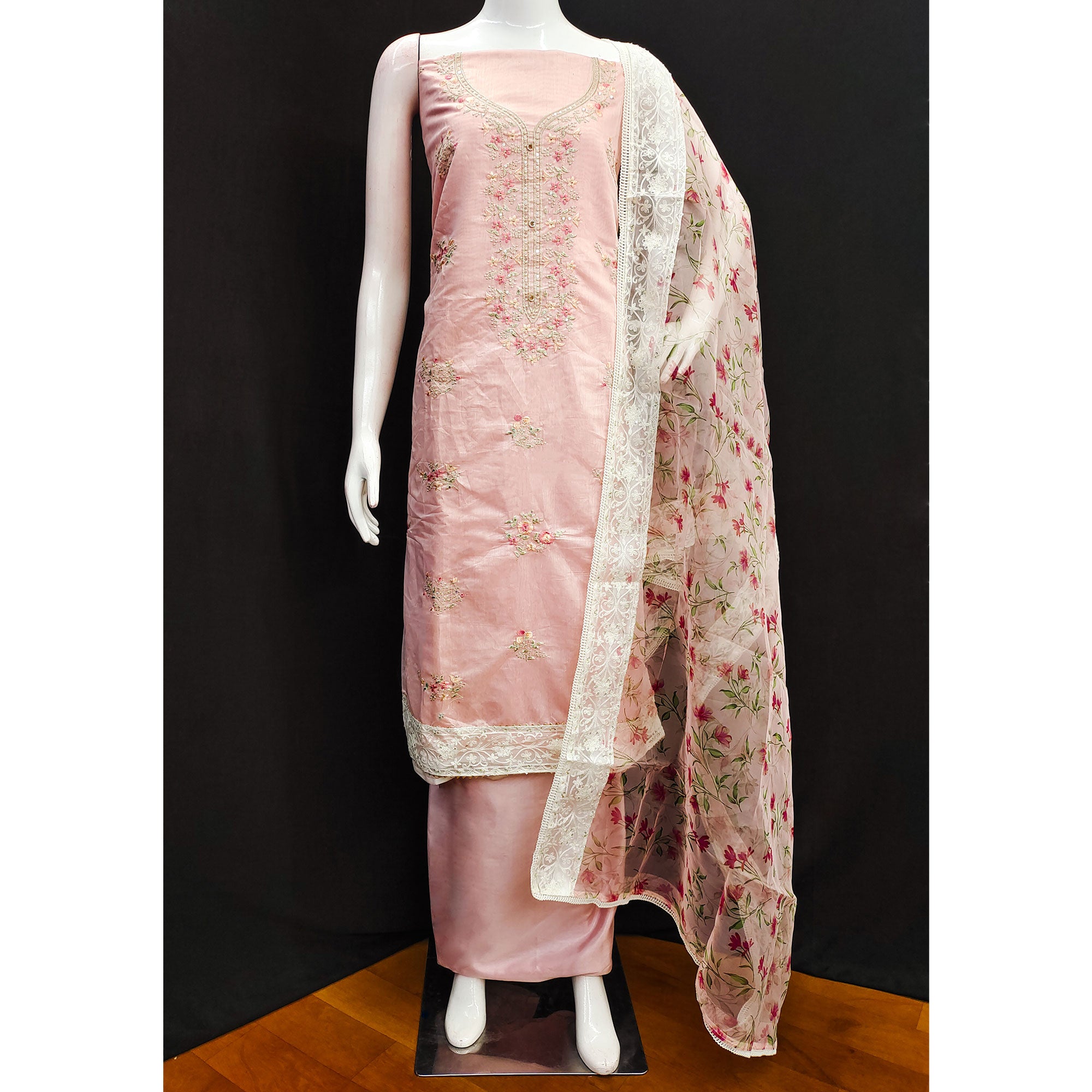 Peach Floral Embroidered Chanderi Silk Dress Material