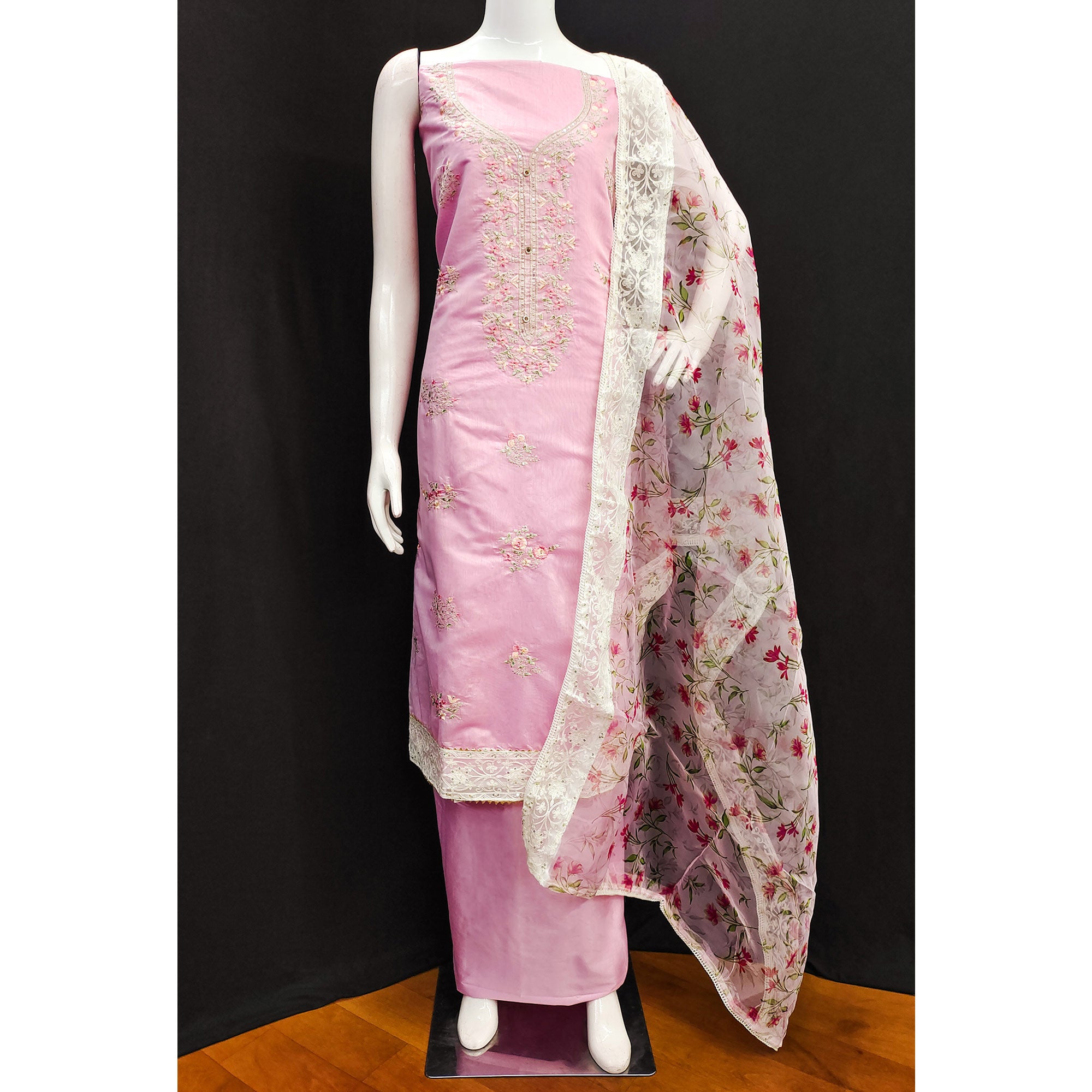Pink Floral Embroidered Chanderi Silk Dress Material