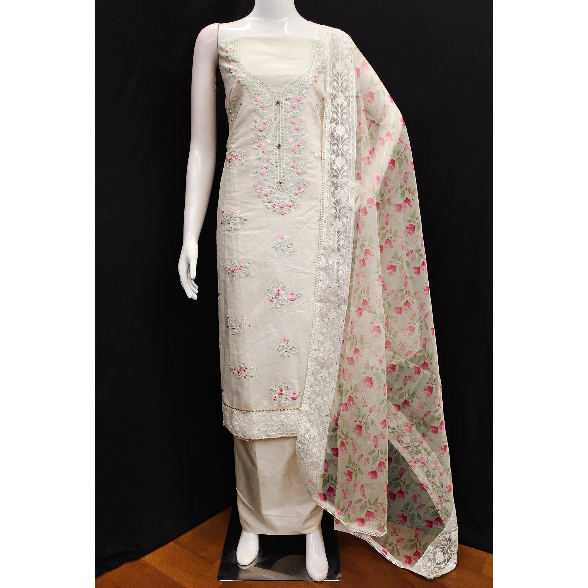 White Floral Embroidered Chanderi Silk Dress Material