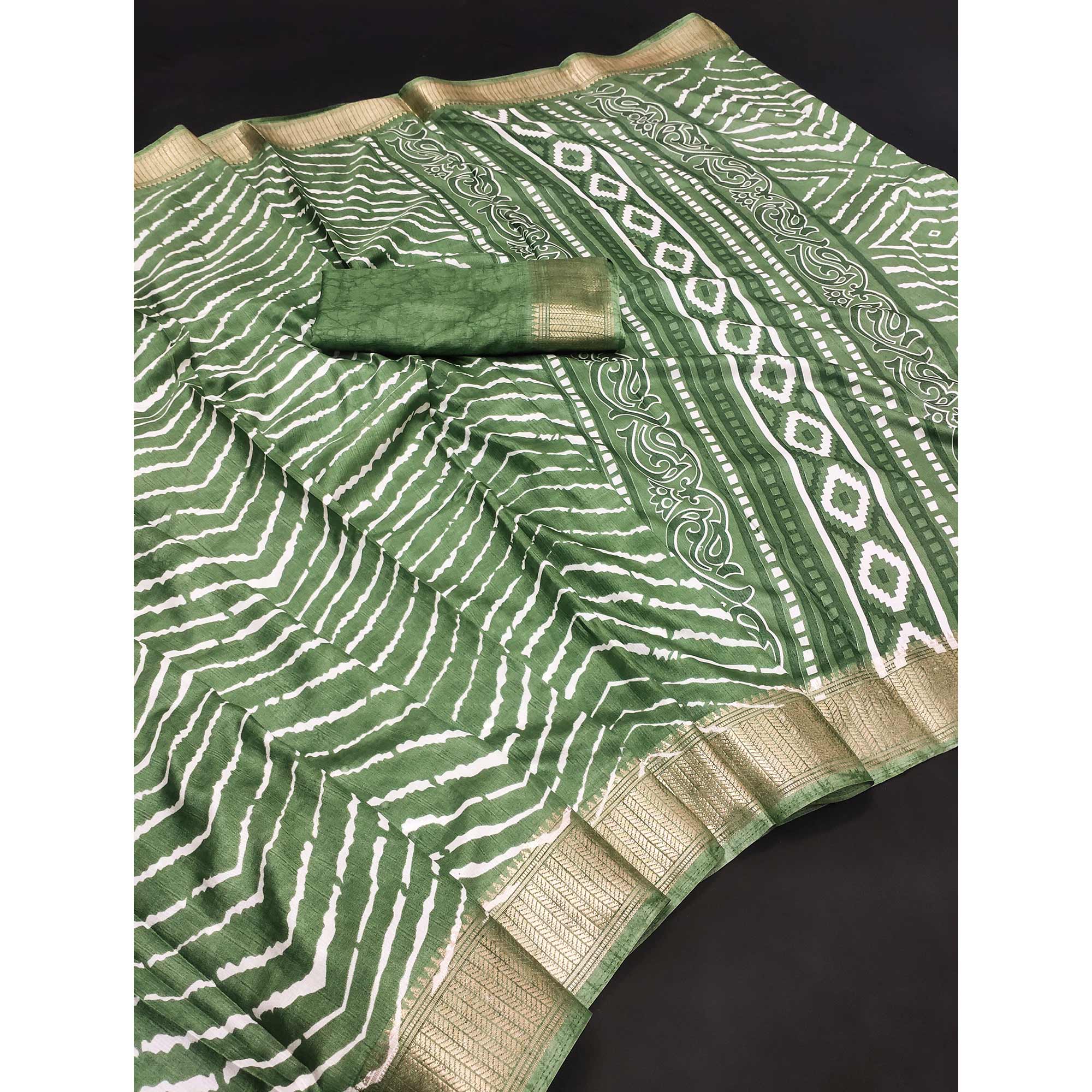 Dark Green Leheriya Printed Dola Silk Saree With Zari Border