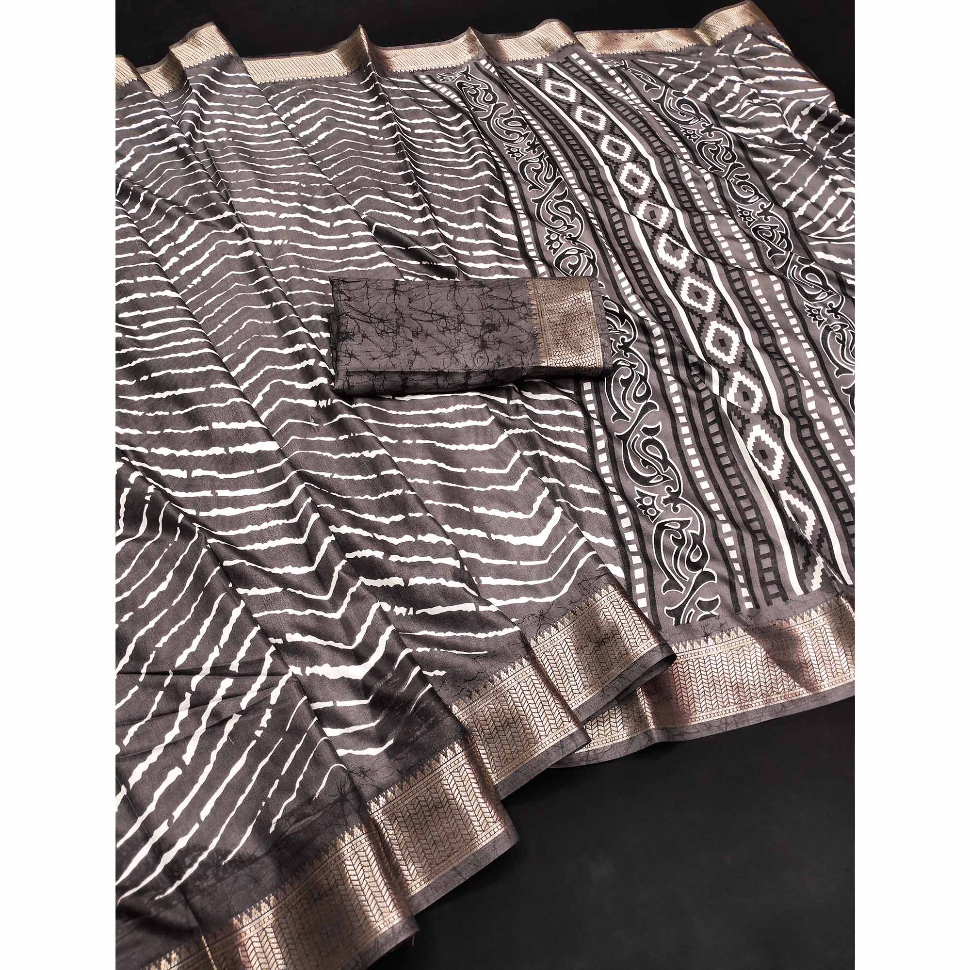 Wenge Brown Leheriya Printed Dola Silk Saree With Zari Border