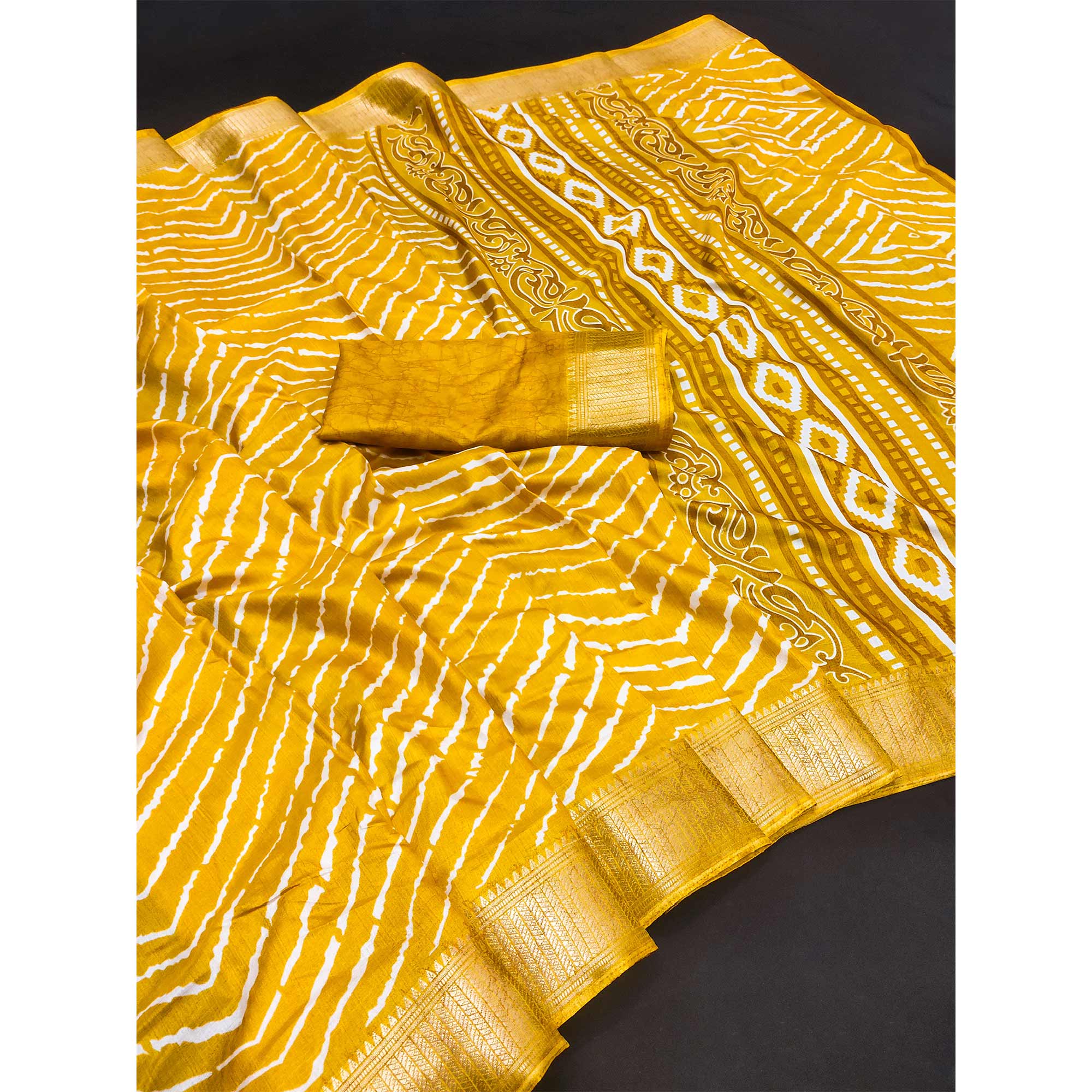 Yellow Leheriya Printed Dola Silk Saree With Zari Border