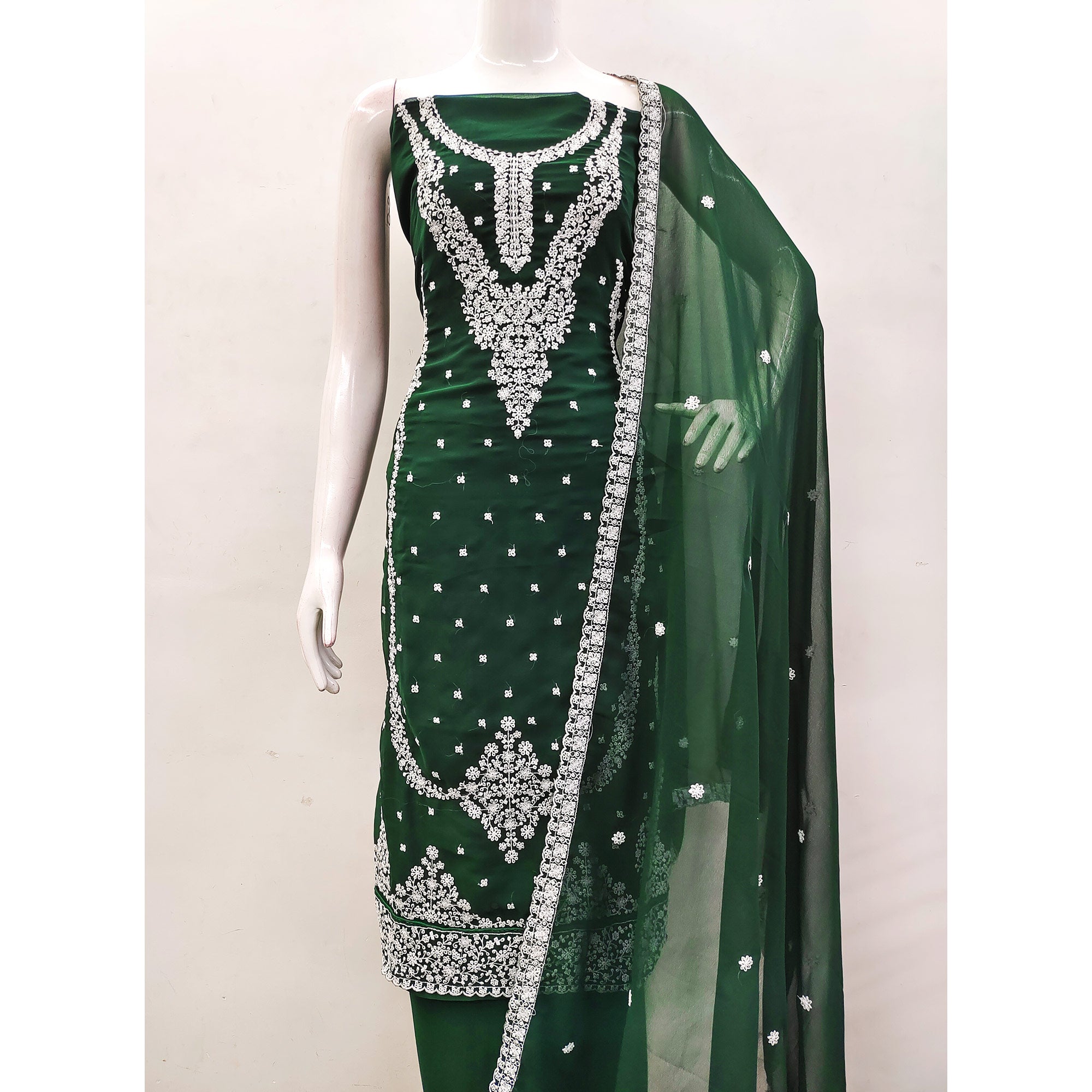 Green Floral Embroidered Georgette Dress Material