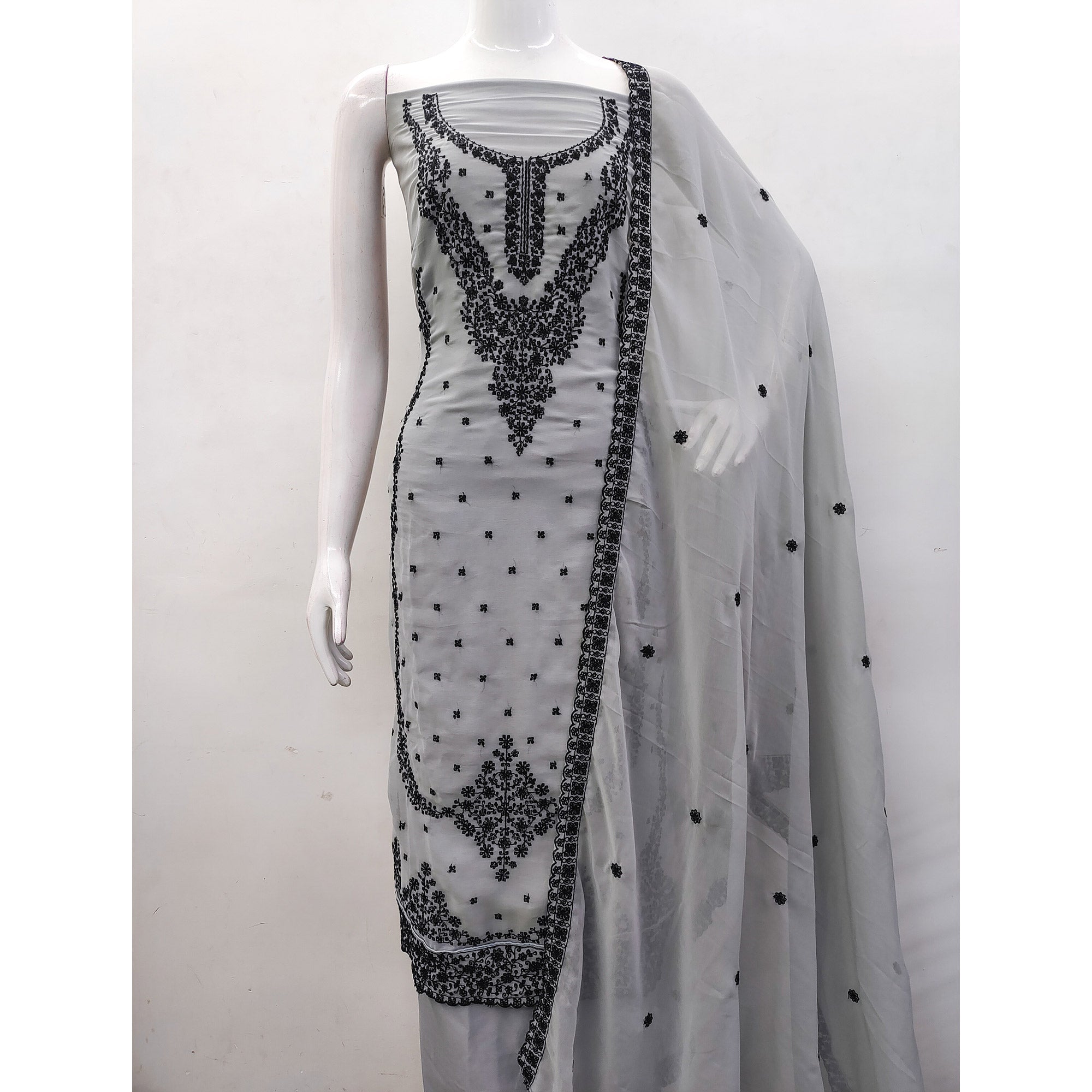 Grey Floral Embroidered Georgette Dress Material