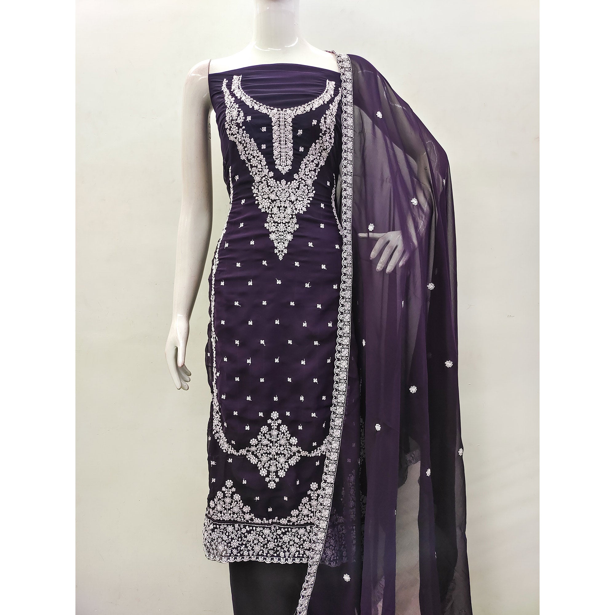 Purple Floral Embroidered Georgette Dress Material