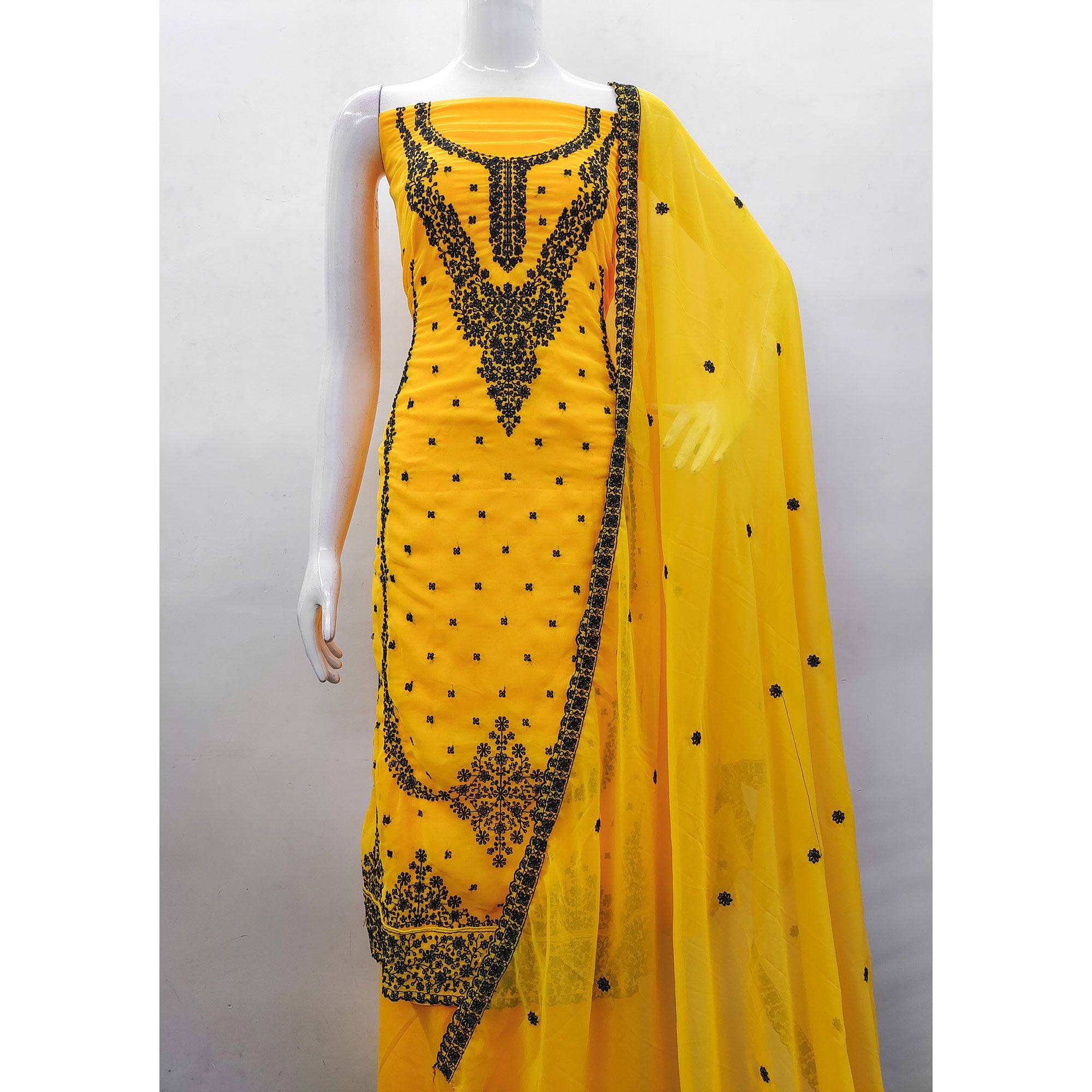 Yellow Floral Embroidered Georgette Dress Material