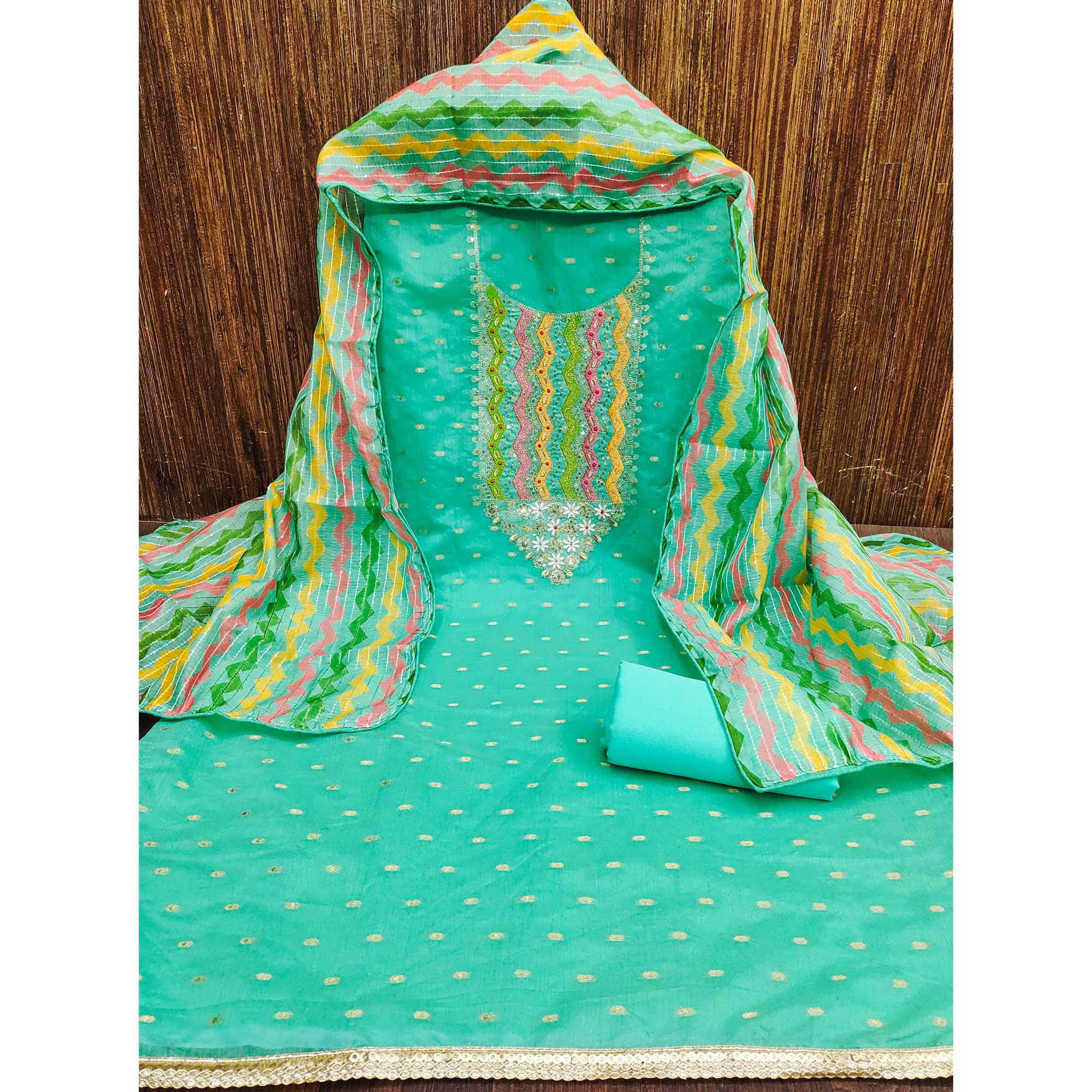 Turquoise Woven Chanderi Dress Material