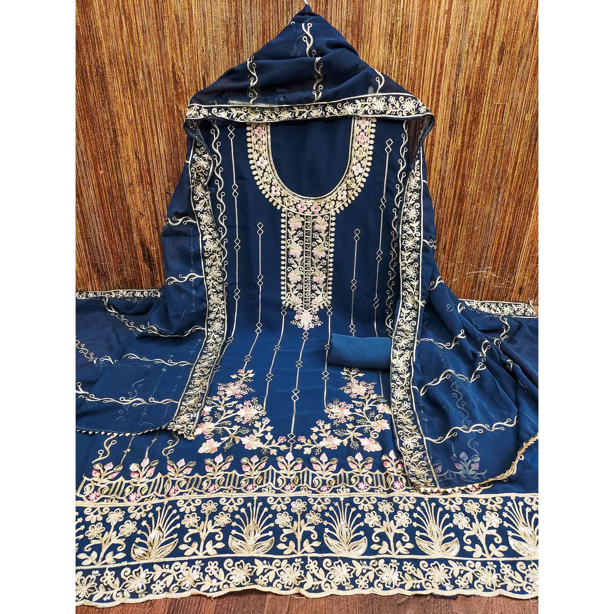 Blue Embroidered Georgette Dress Material