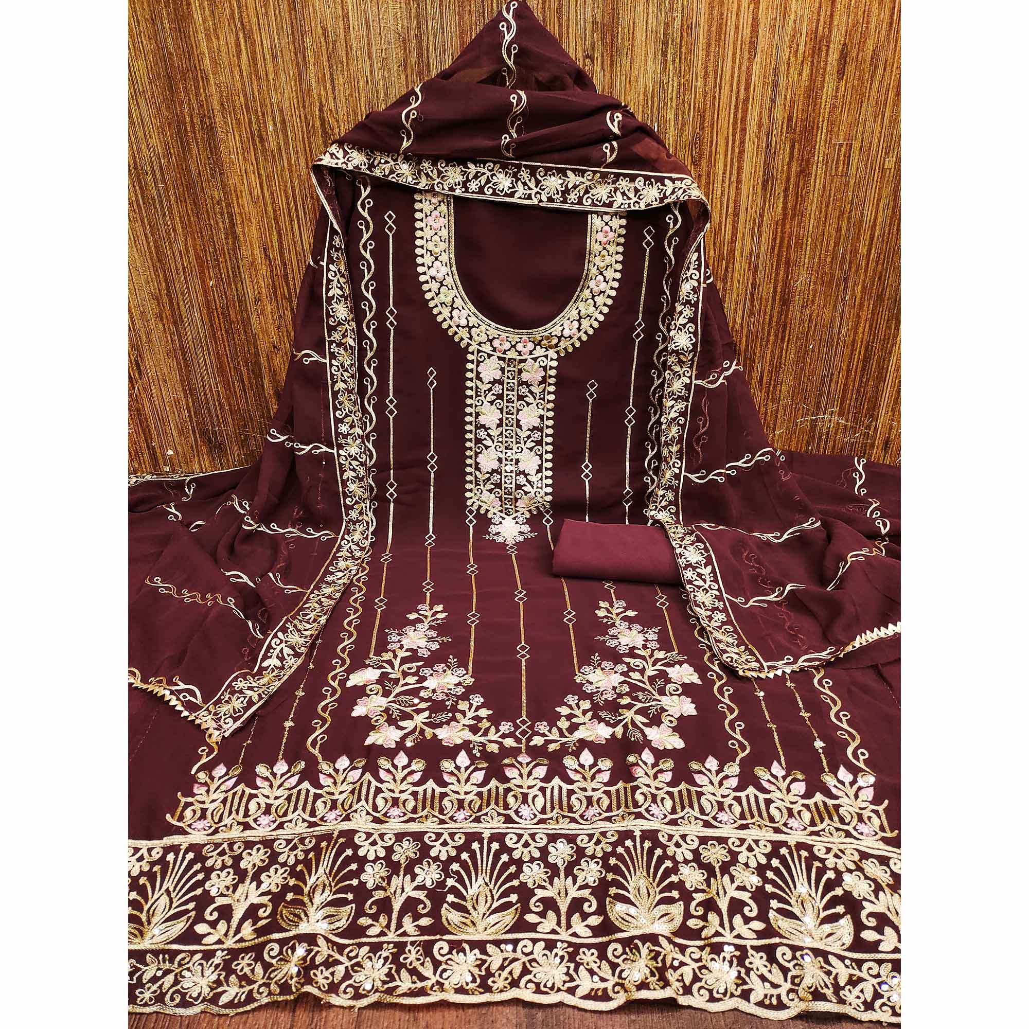 Dark Brown Embroidered Georgette Dress Material