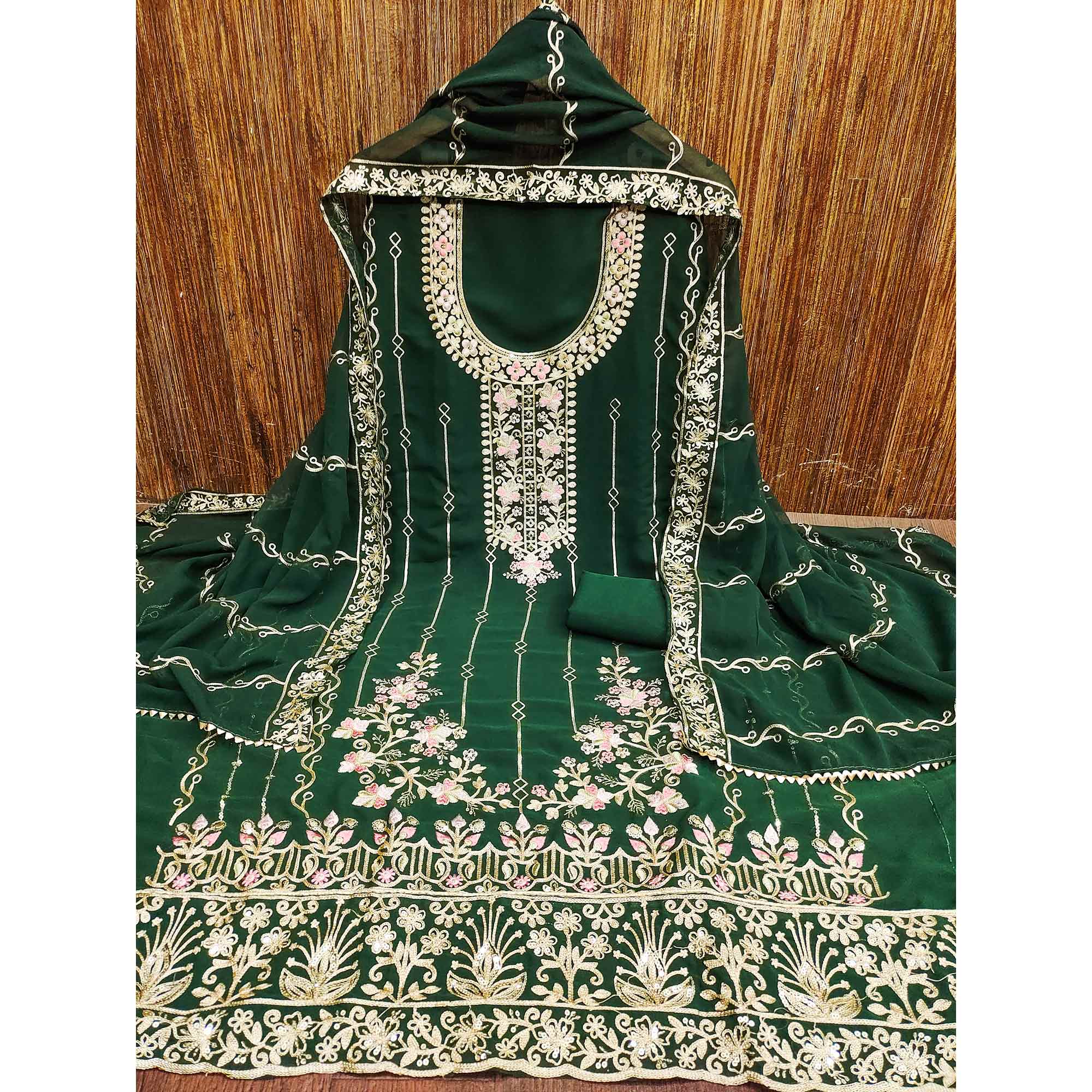 Green Embroidered Georgette Dress Material