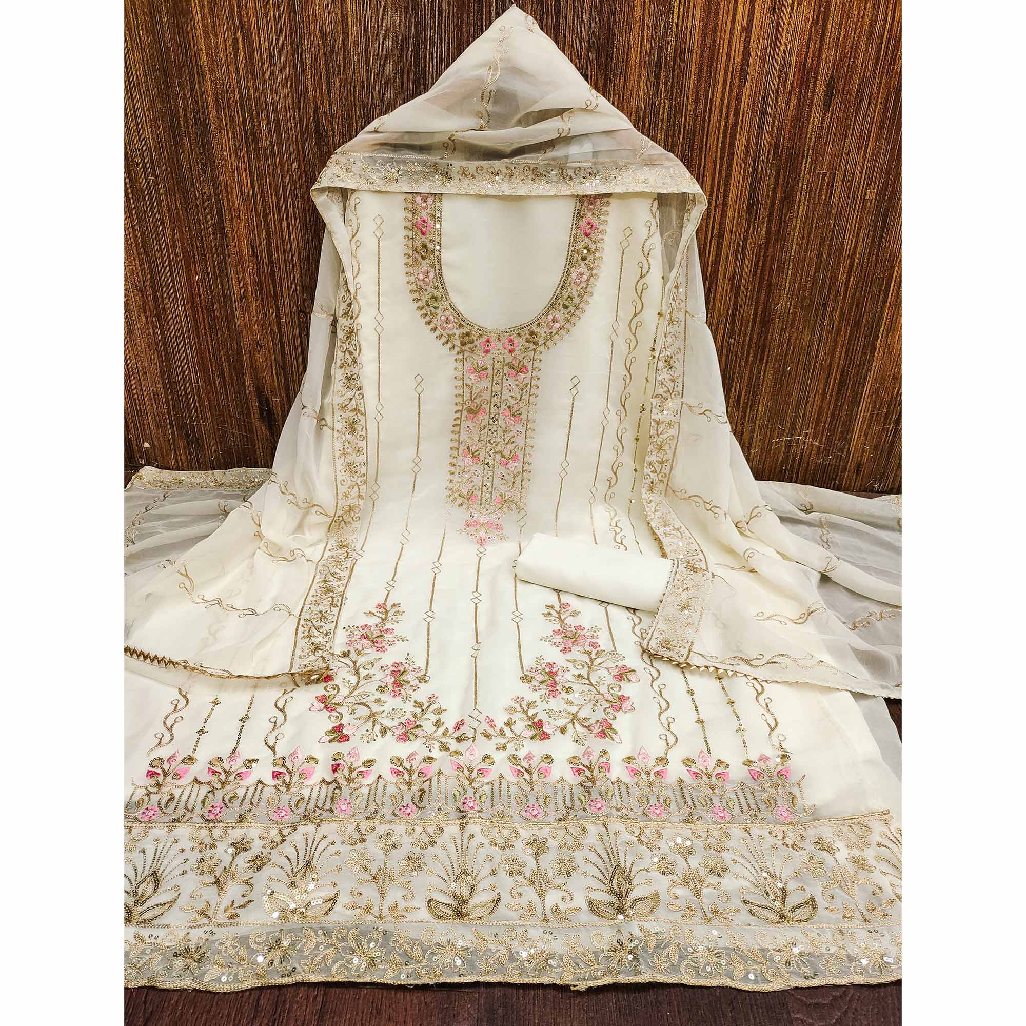 Off White Embroidered Georgette Dress Material