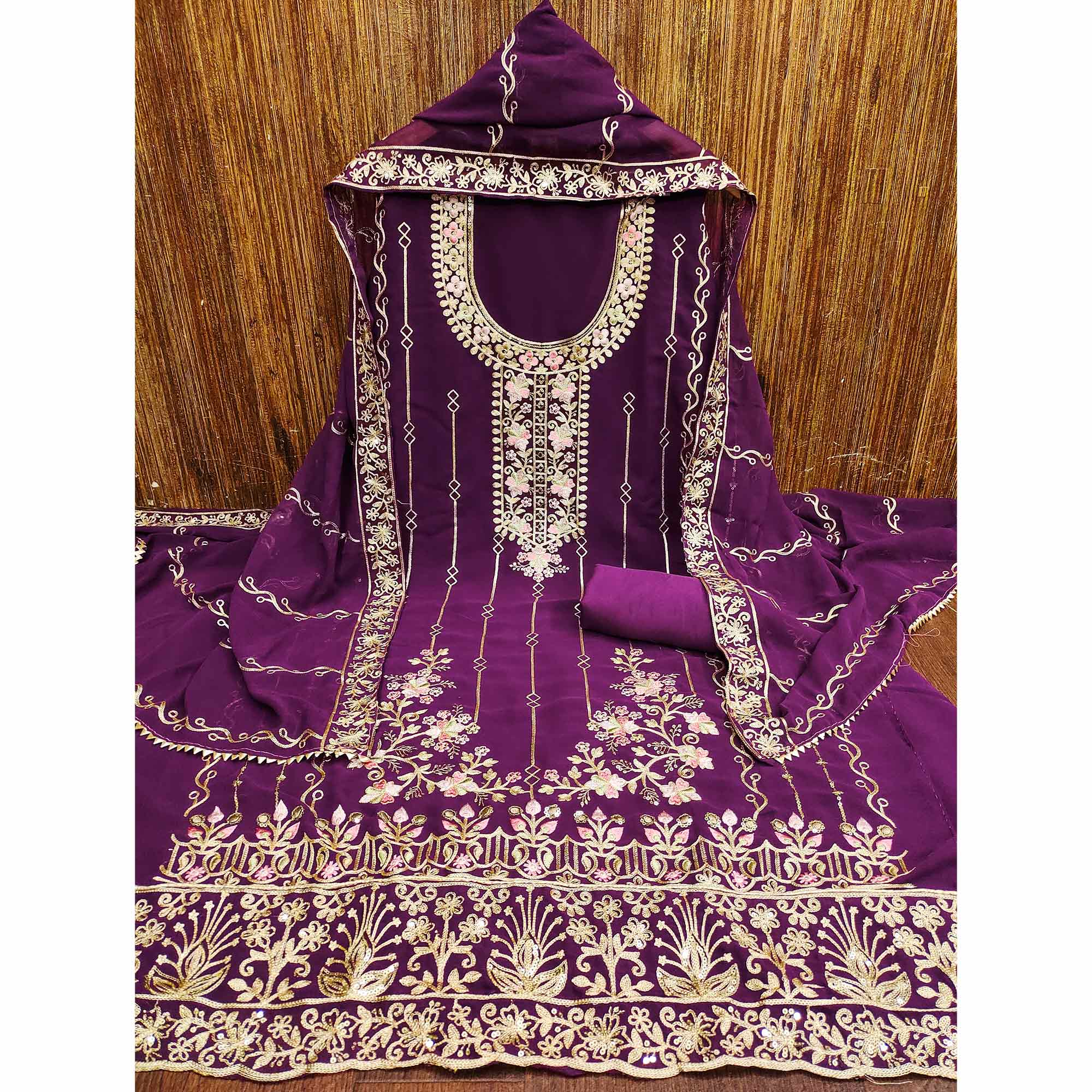 Purple Embroidered Georgette Dress Material