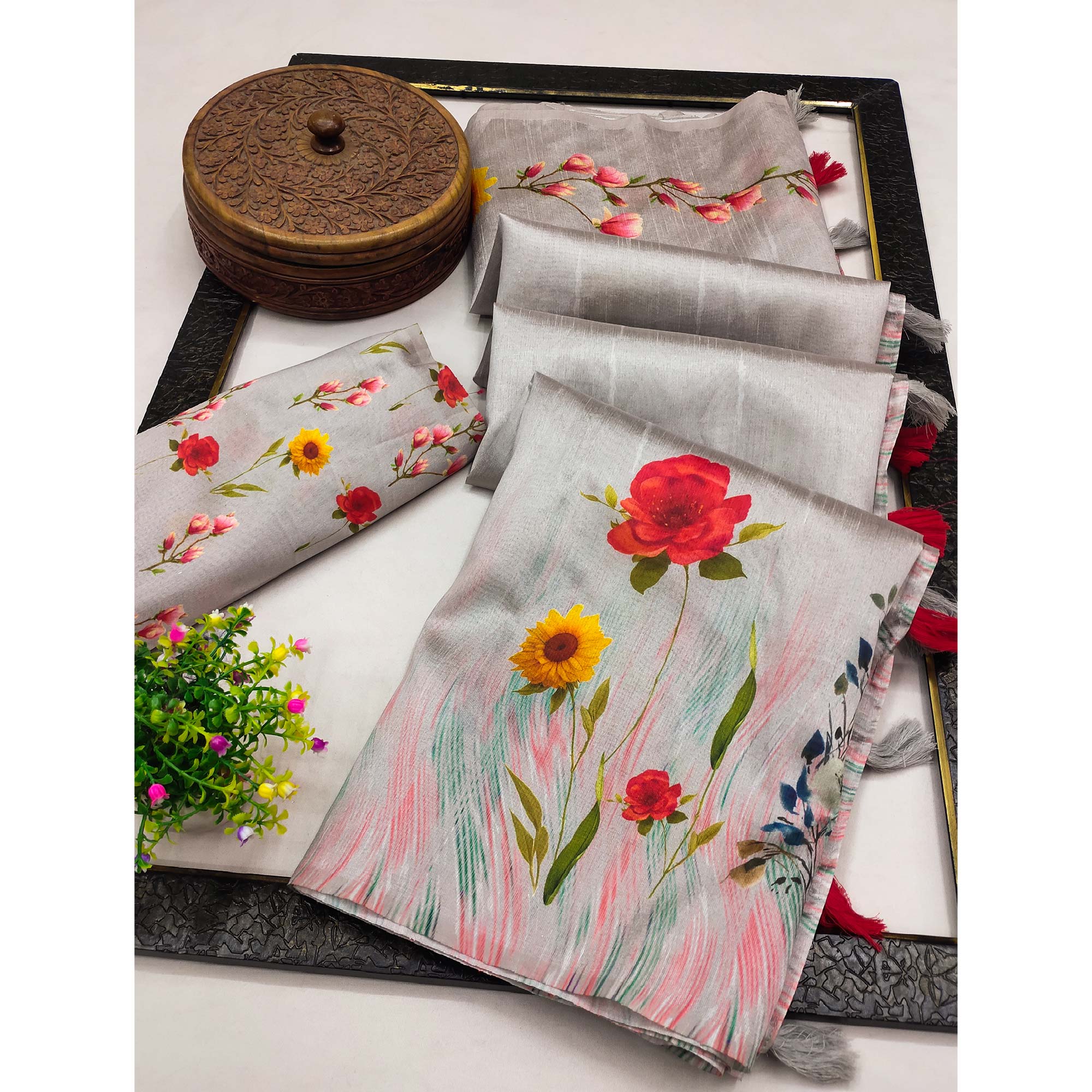 Grey Floral Digital Printed Assam Silk Saree With Tassels