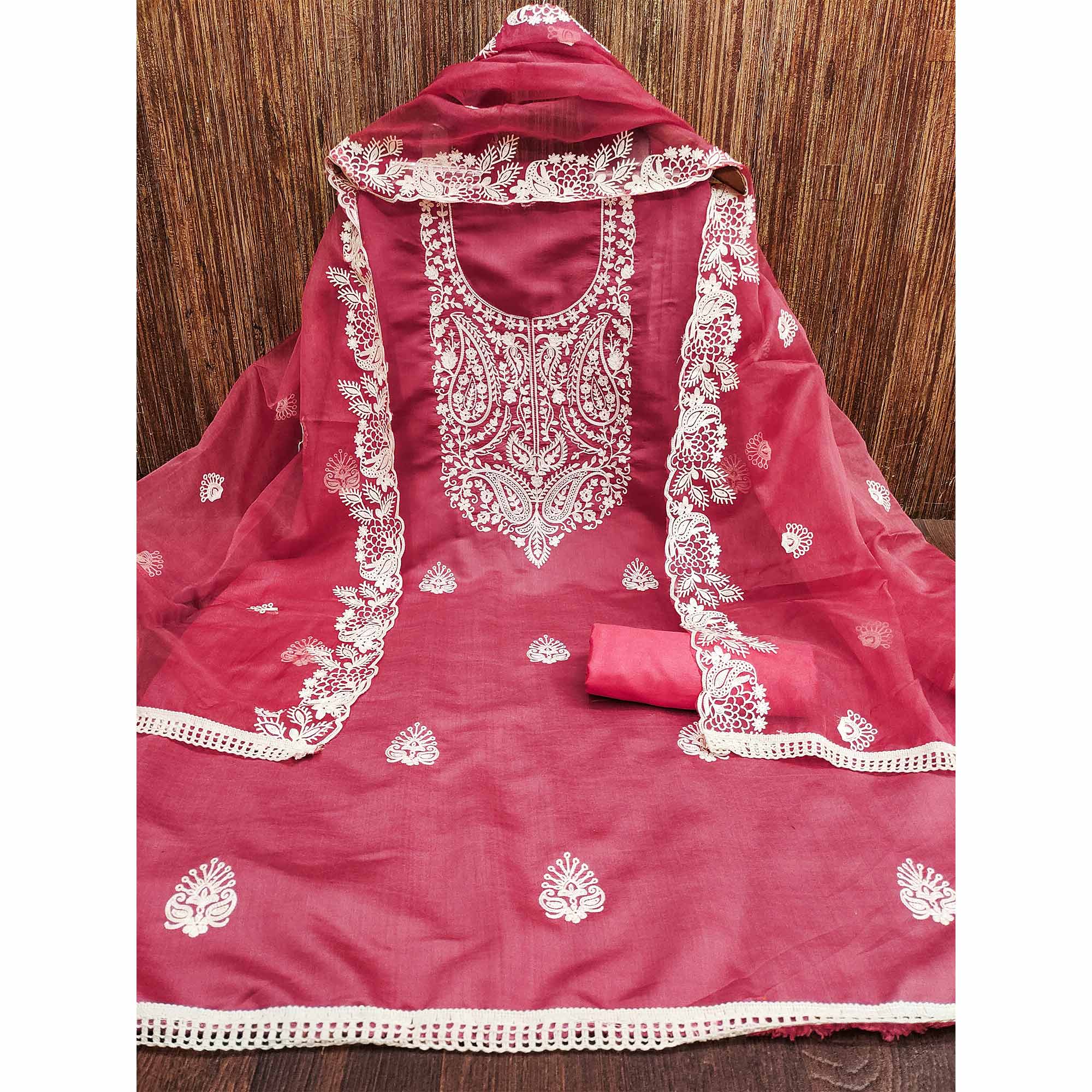 Gajri Pink Floral Embroidered Viscose Dress Material