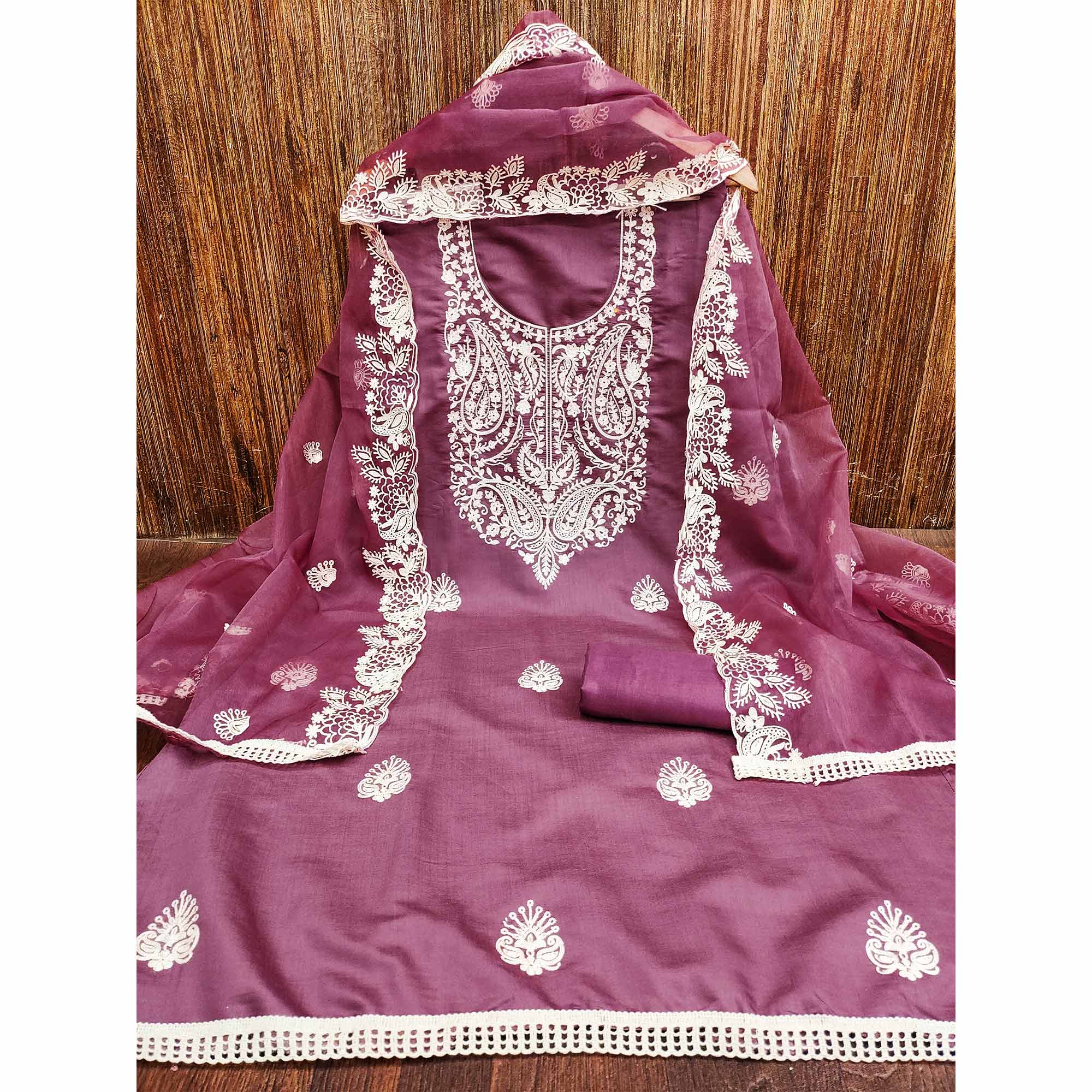 Mauve Floral Embroidered Viscose Dress Material