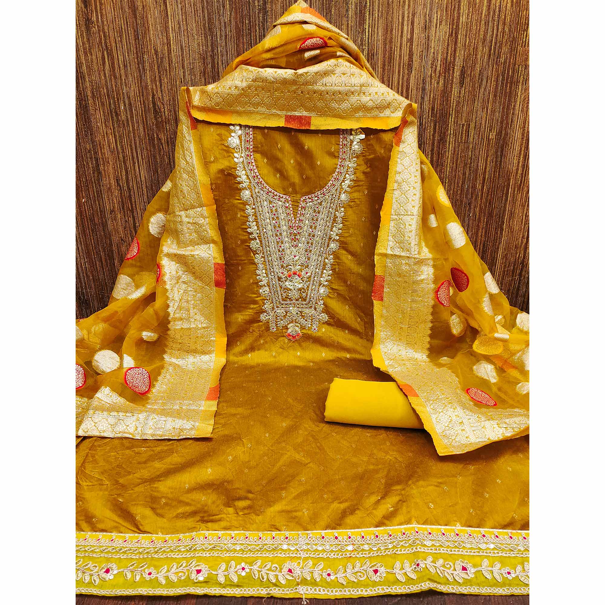 Mustard Butti With Embroidered Chanderi Dress Material