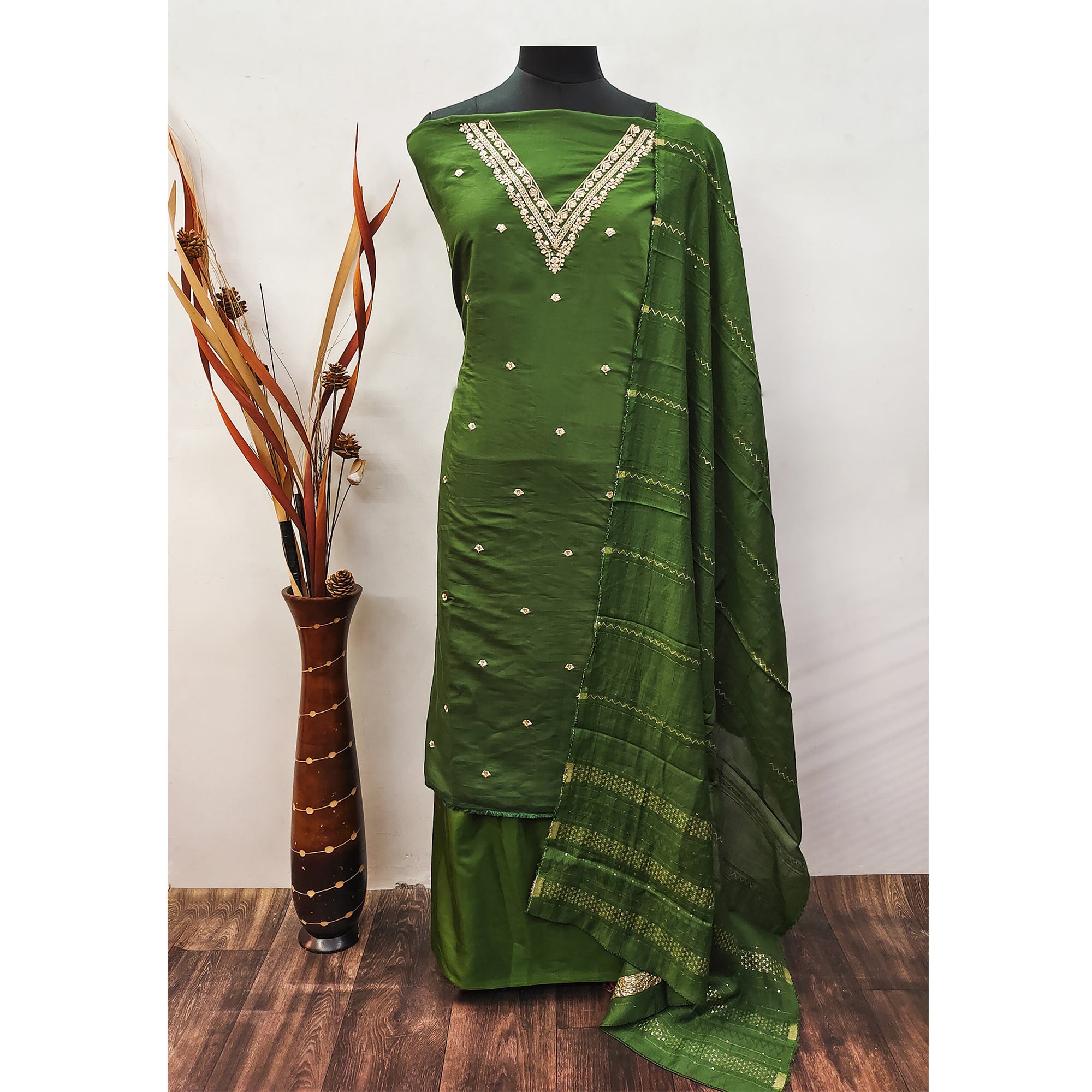 Green Floral Embroidered Viscose Dress Material