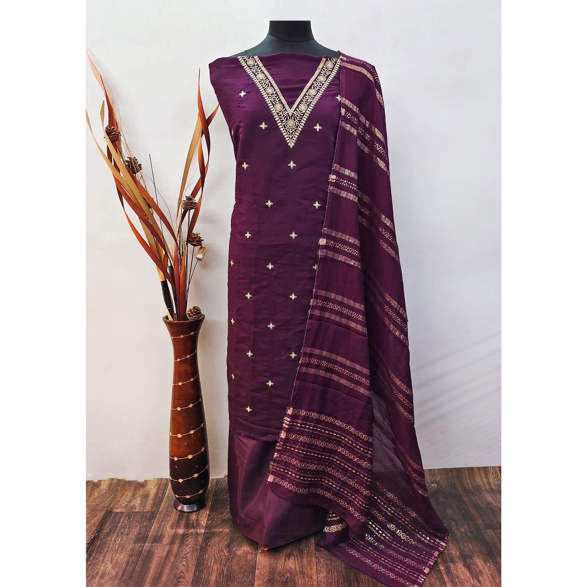 Purple Floral Embroidered Viscose Dress Material
