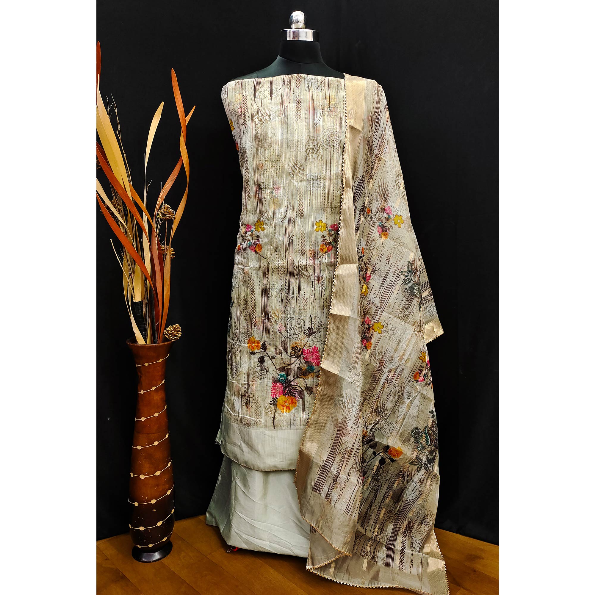 Grey Floral Printed With Swarovski Work Organza Dress Material