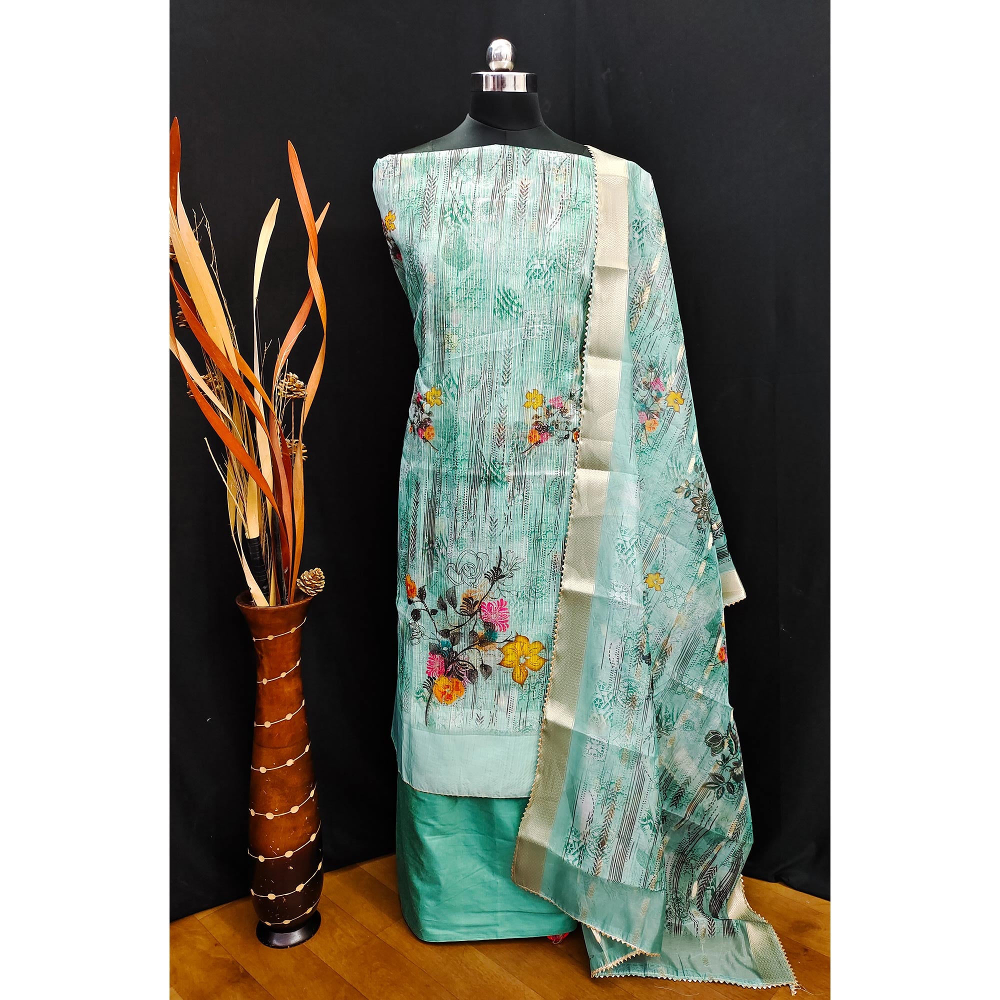 Turquoise Floral Printed With Swarovski Work Organza Dress Material