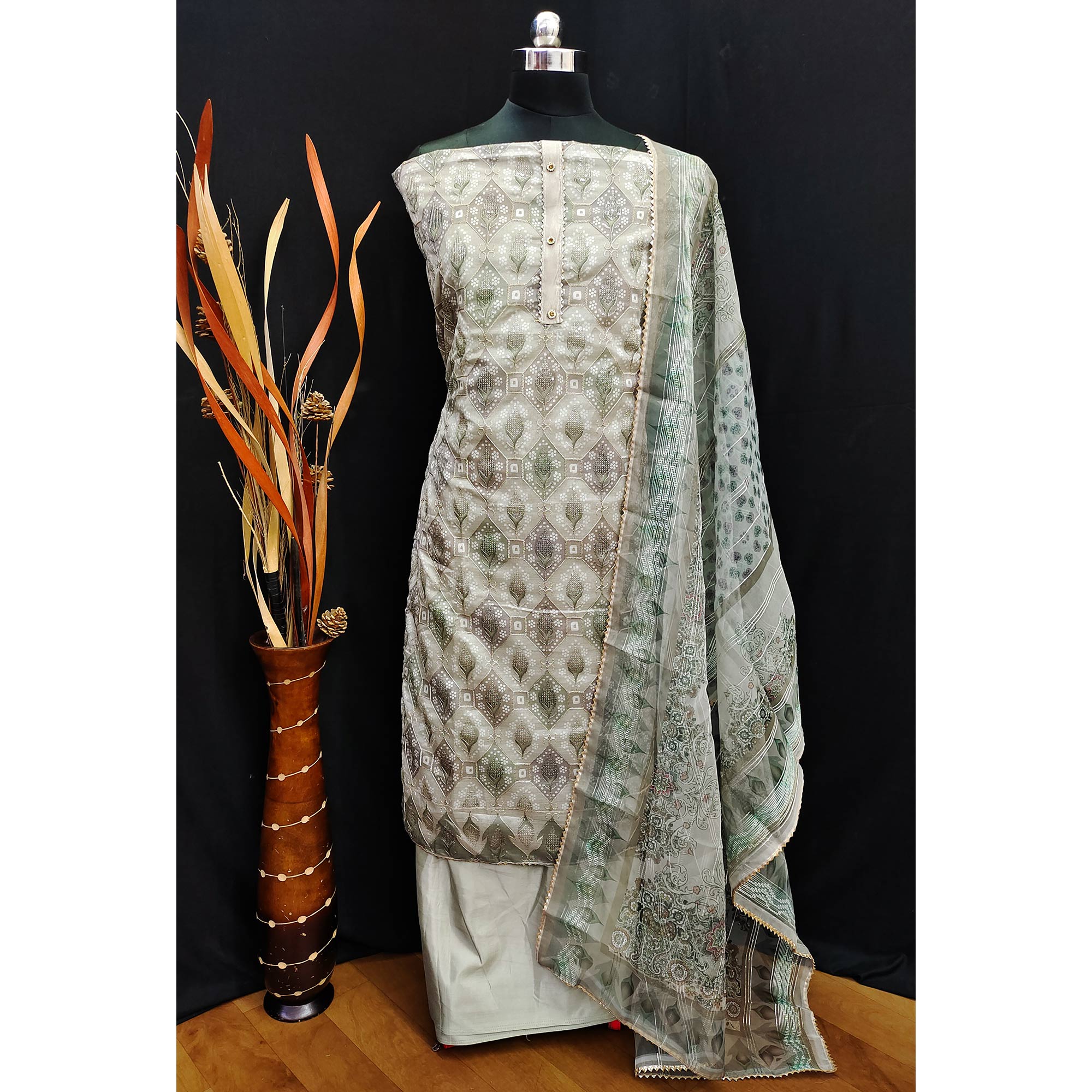Green Embroidered With Printed Organza Dress Material