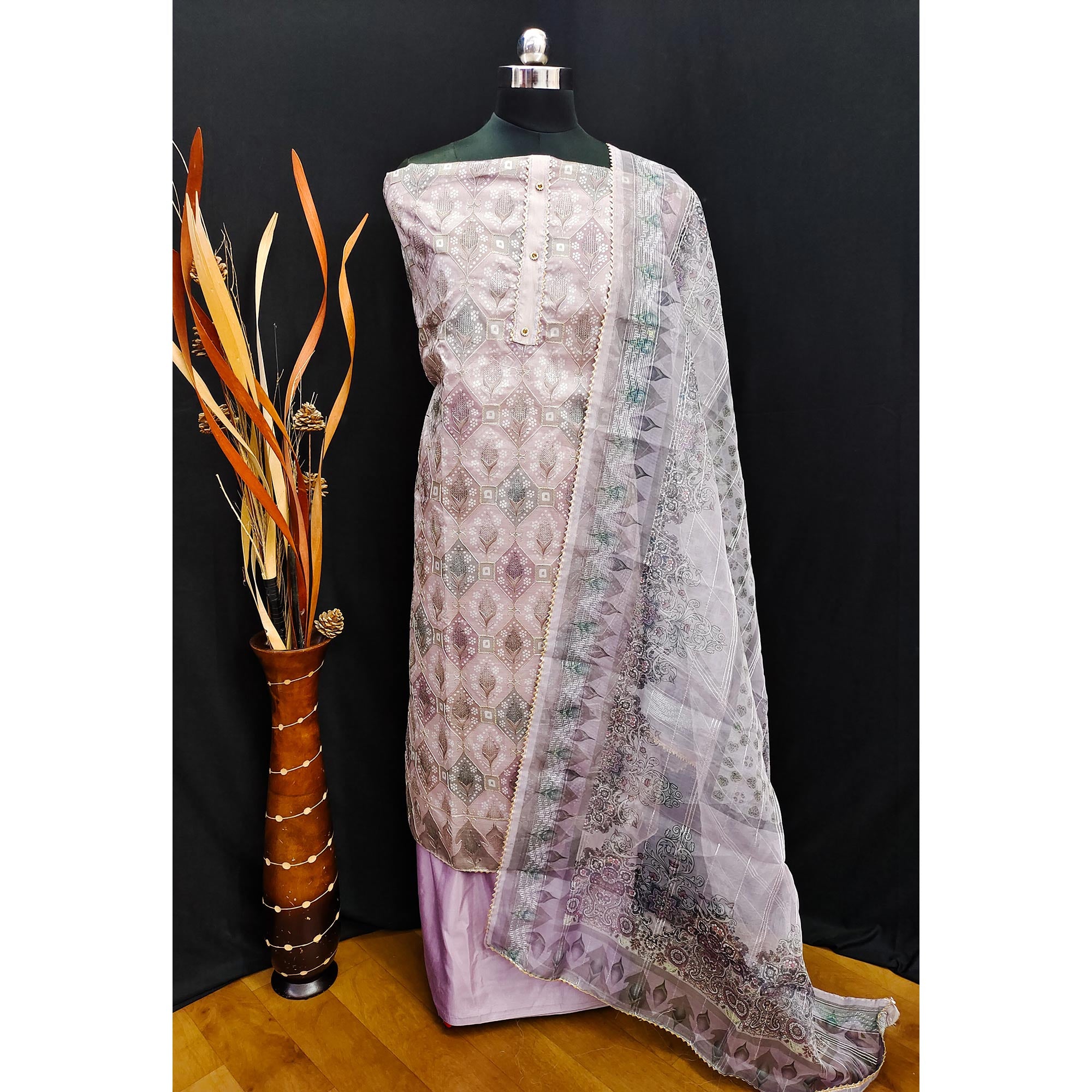 Purple Embroidered With Printed Organza Dress Material