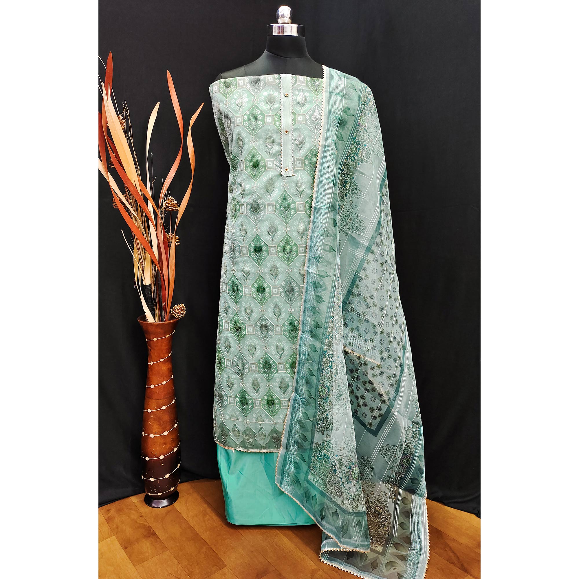 Sea Green Embroidered With Printed Organza Dress Material