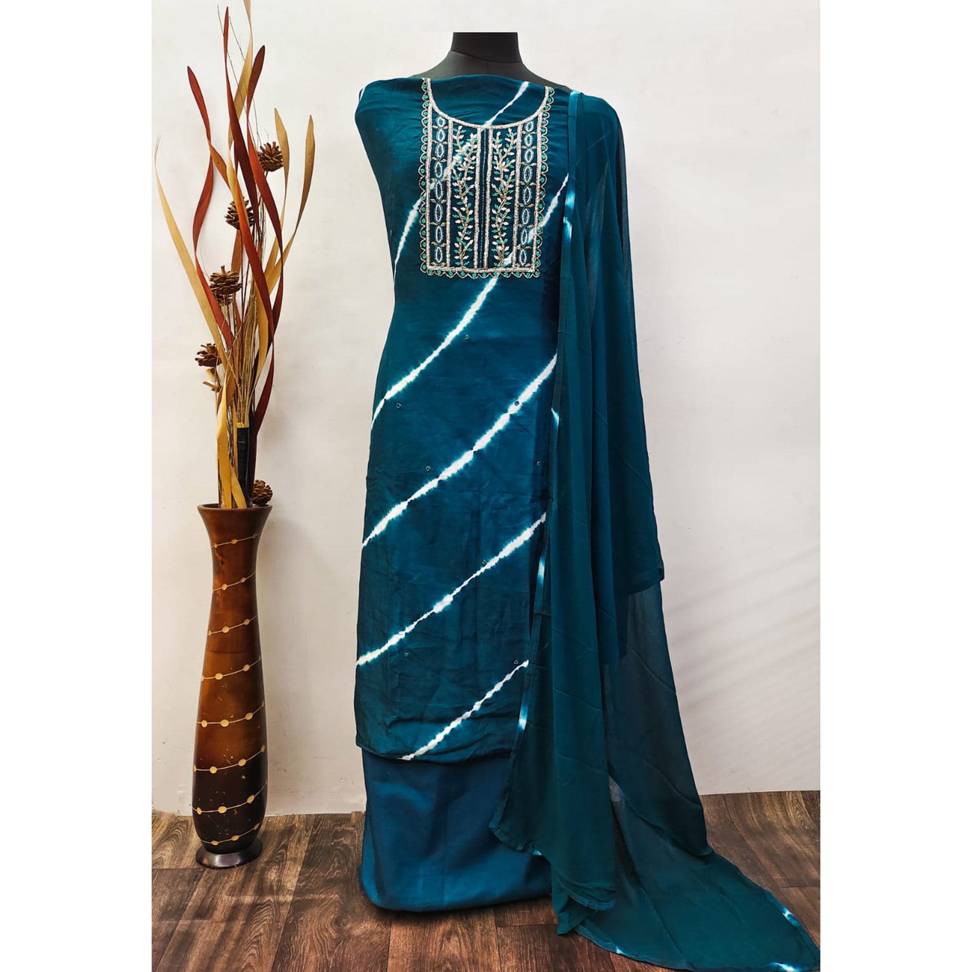 Morpich Handwork Embroidery With Leheriya Printed Viscose Dress Material