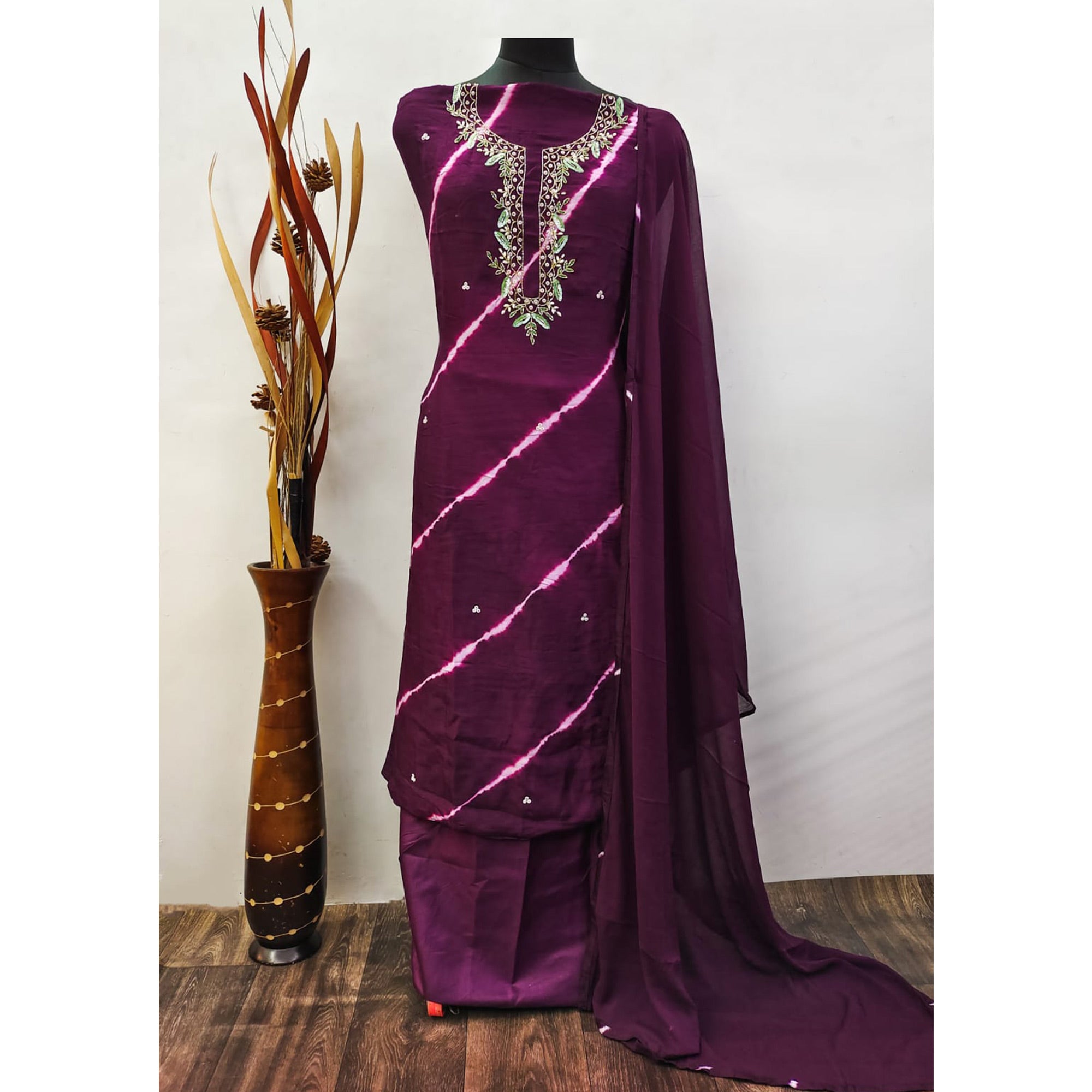 Purple Handwork Embroidery With Leheriya Printed Viscose Dress Material