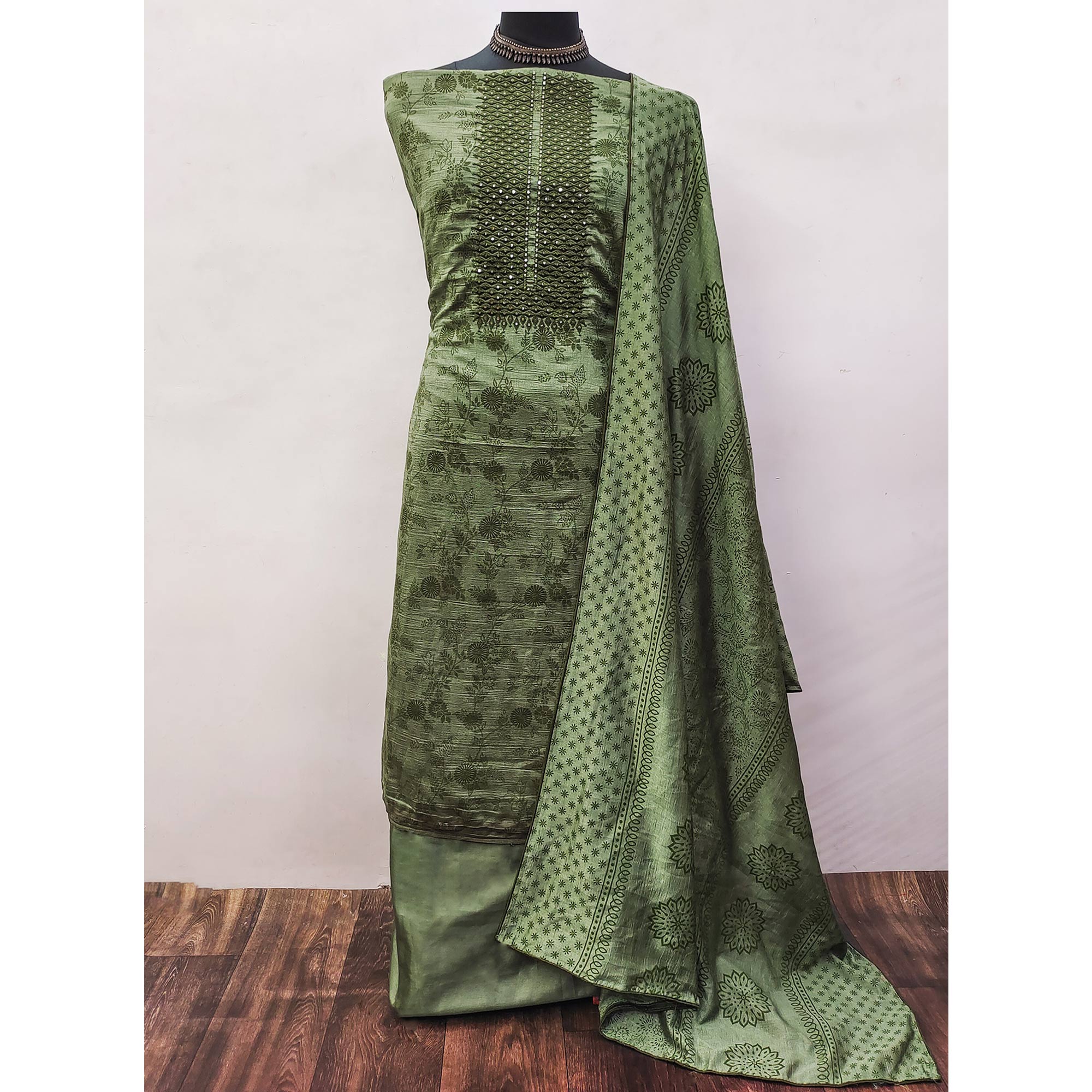 Green Sequins Embroidered Vichitra Silk Dress Material