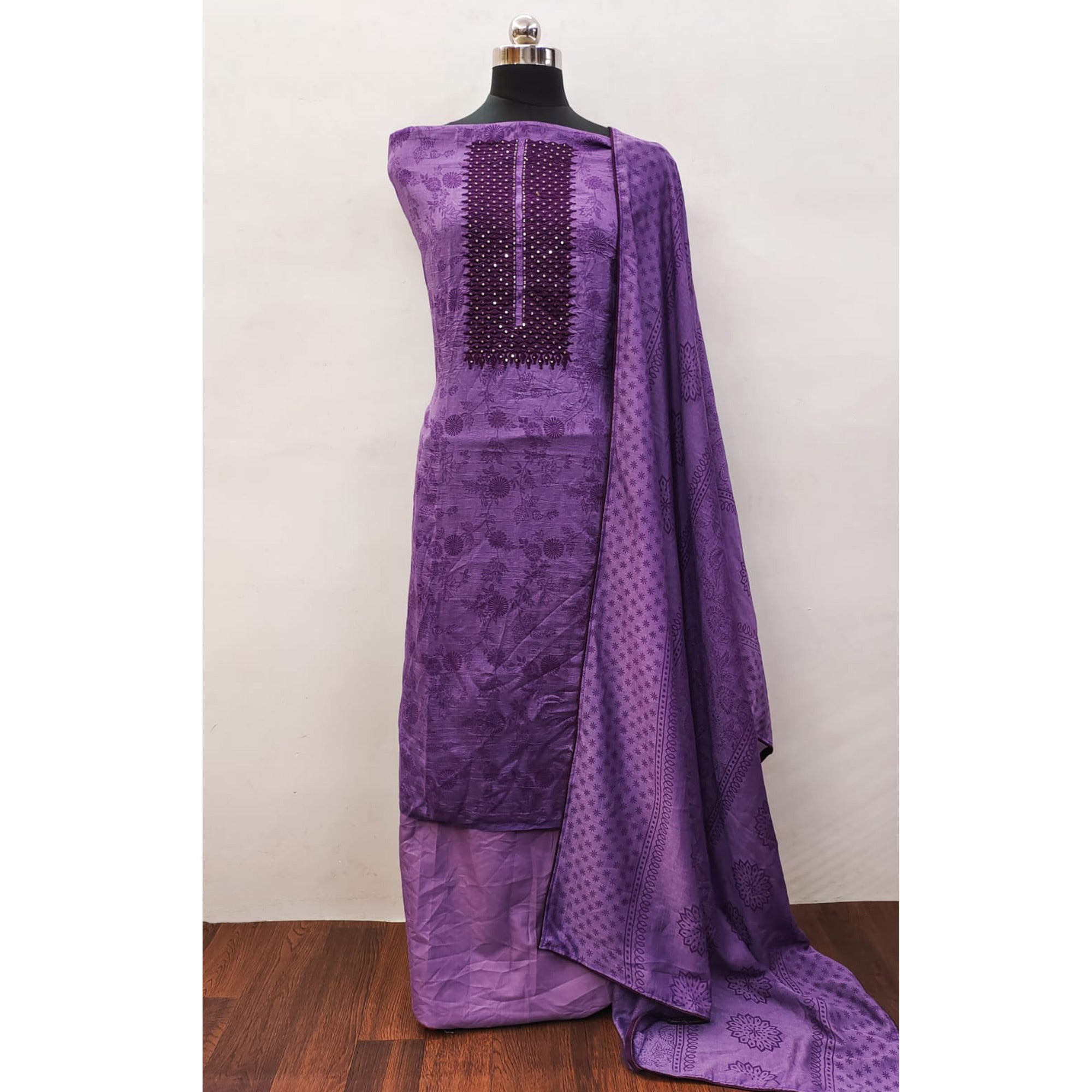 Purple Sequins Embroidered Vichitra Silk Dress Material