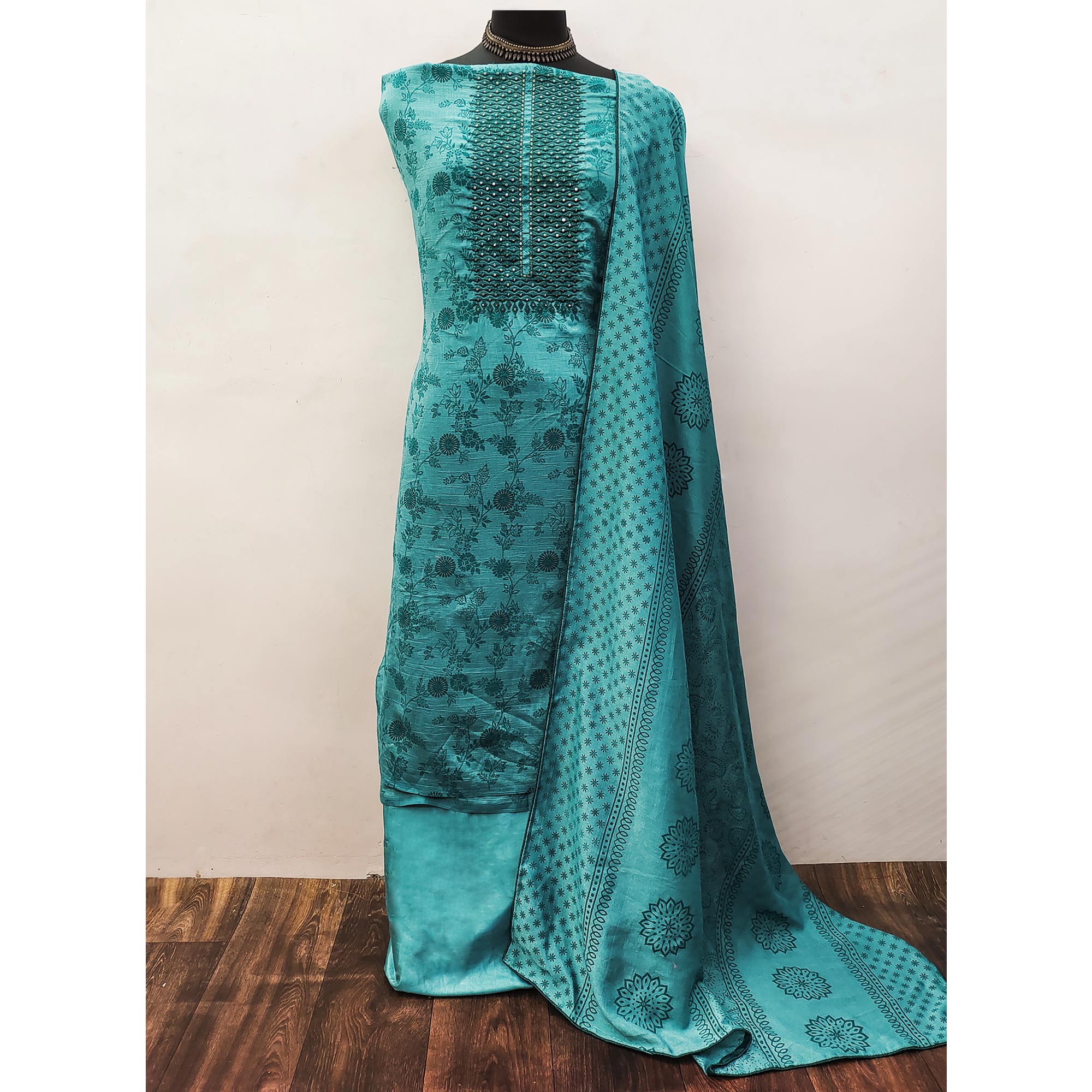 Rama Blue Sequins Embroidered Vichitra Silk Dress Material