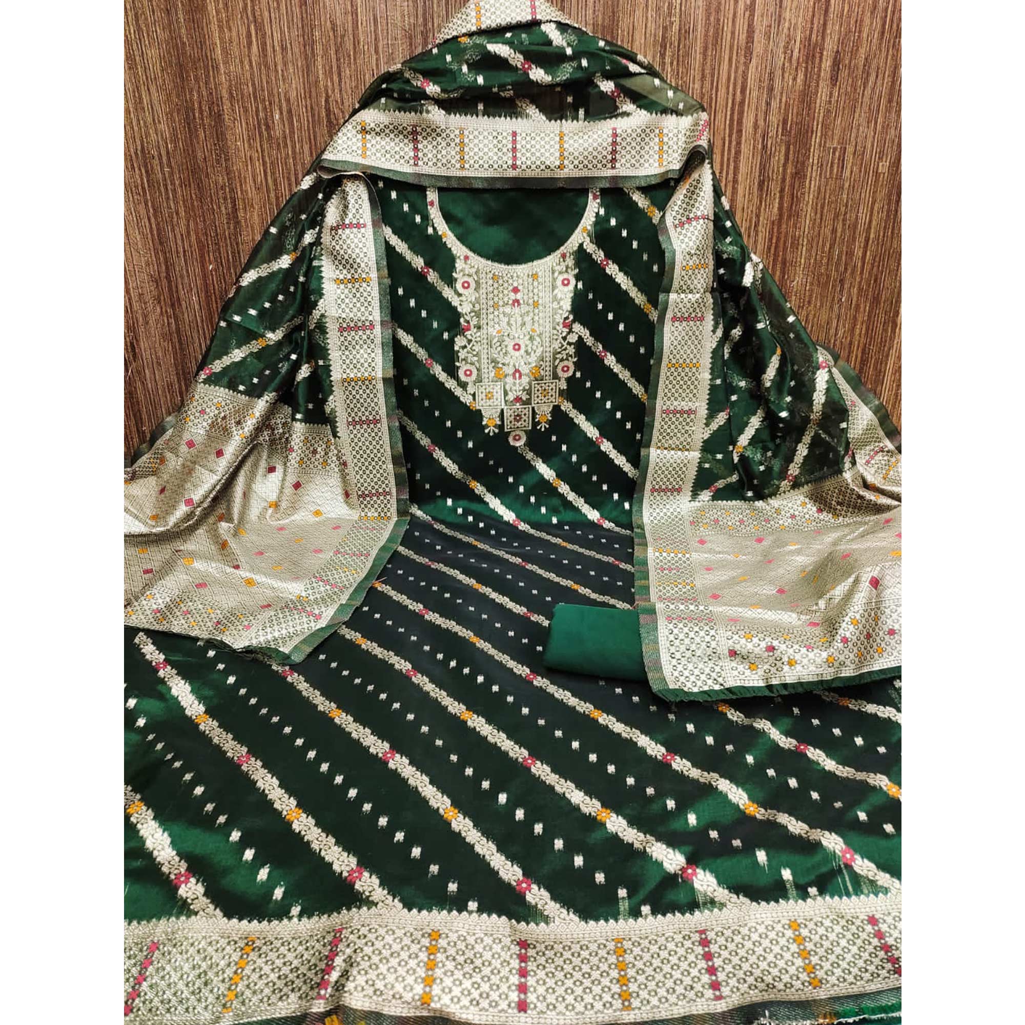Green Floral Woven Banarasi Silk Dress Material