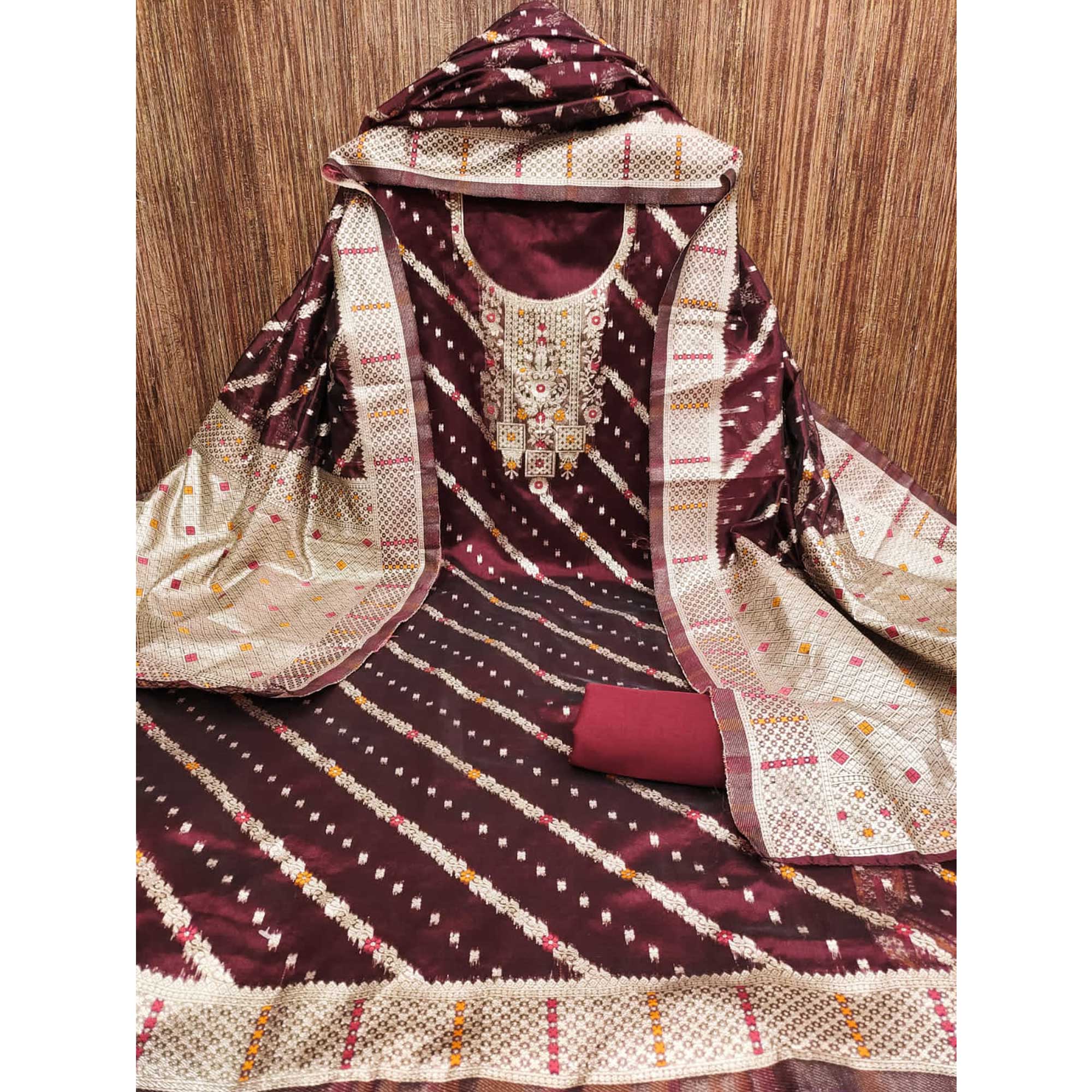 Maroon Floral Woven Banarasi Silk Dress Material