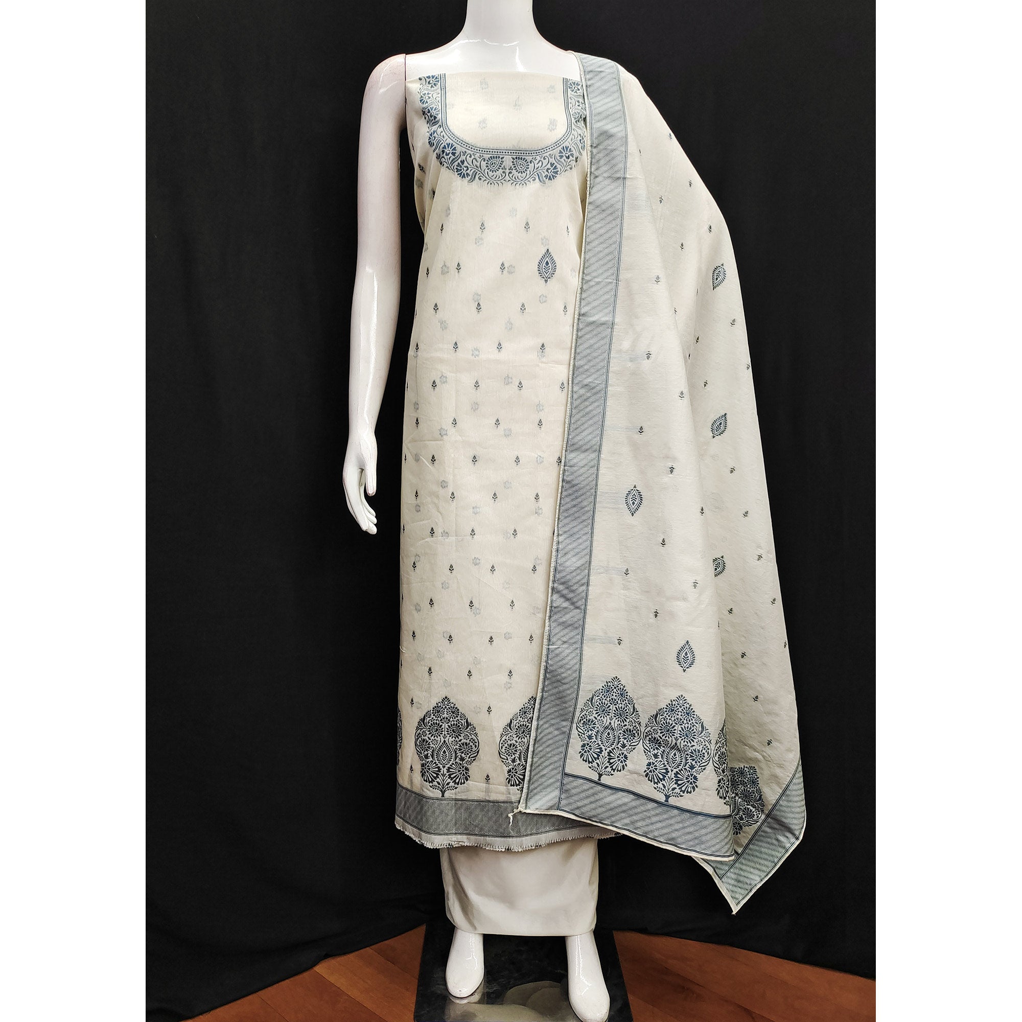 Off White Woven Pure Cotton Dress Material