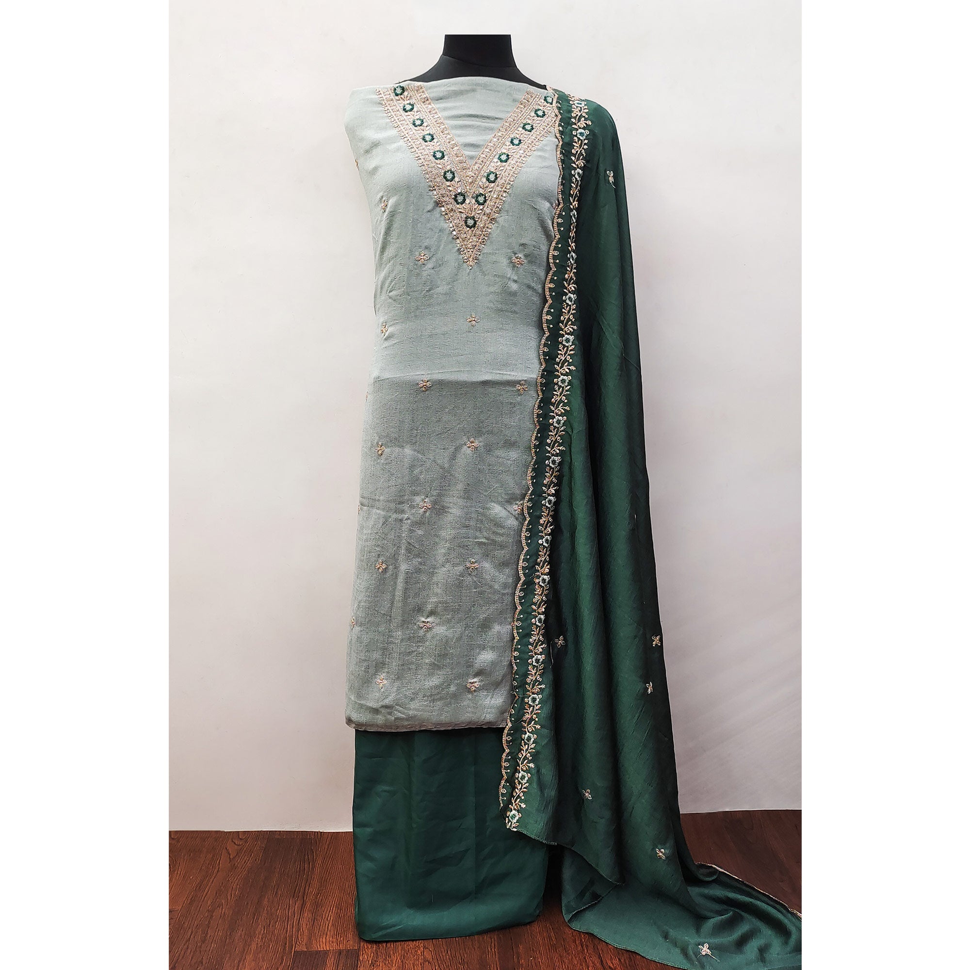 Light Green Floral Embroidered Vichitra Silk Dress Material