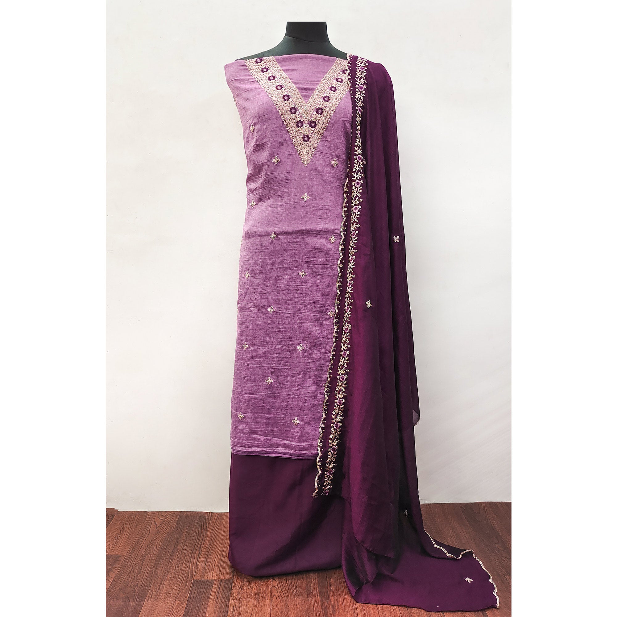 Pink Floral Embroidered Vichitra Silk Dress Material