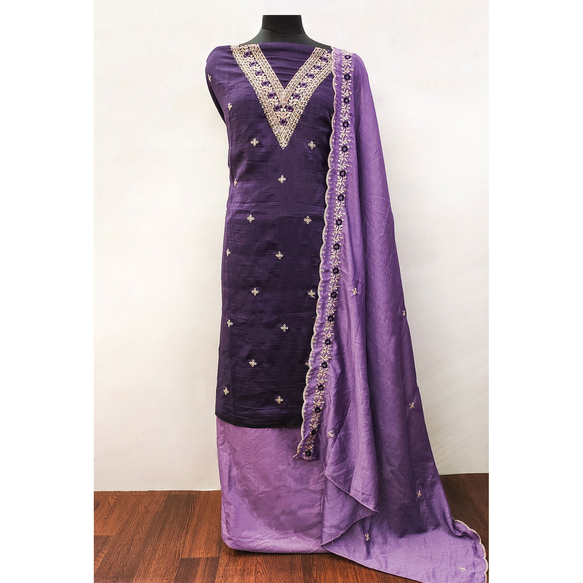Purple Floral Embroidered Vichitra Silk Dress Material
