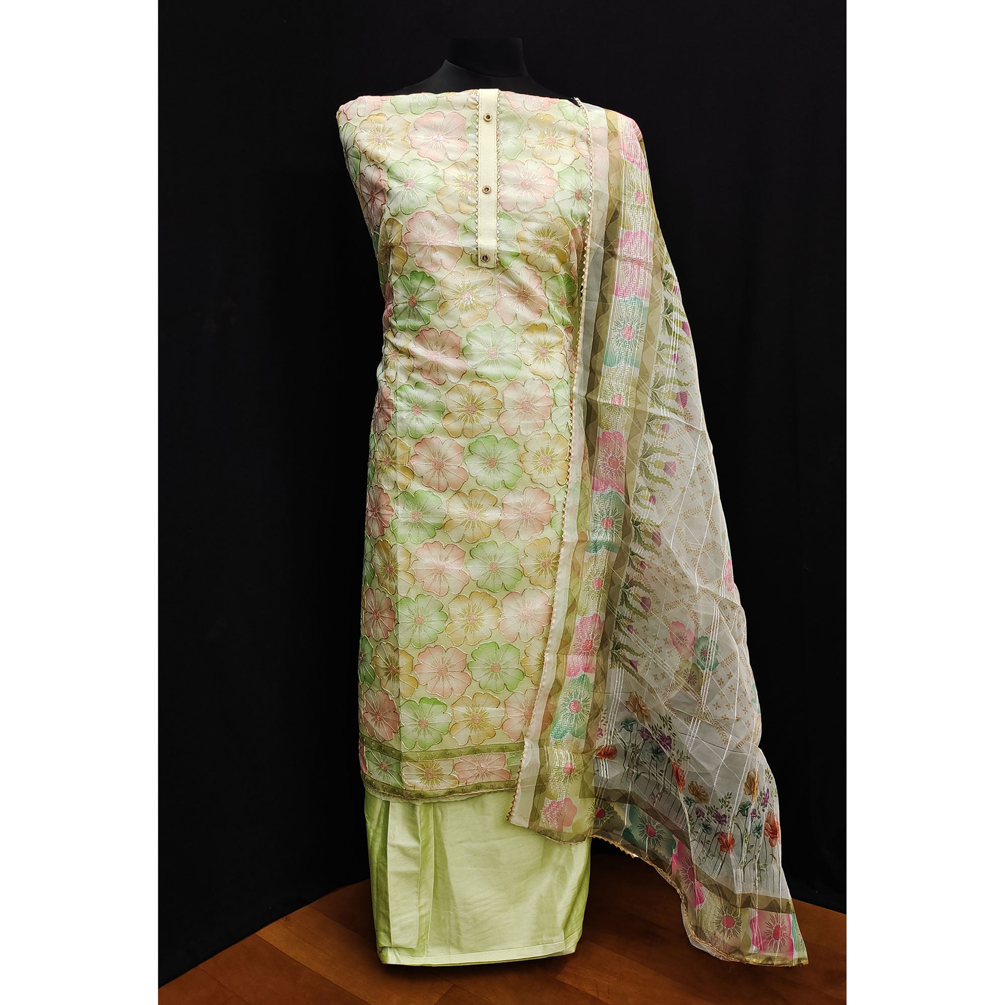 Green Floral Printed Organza Dress Material