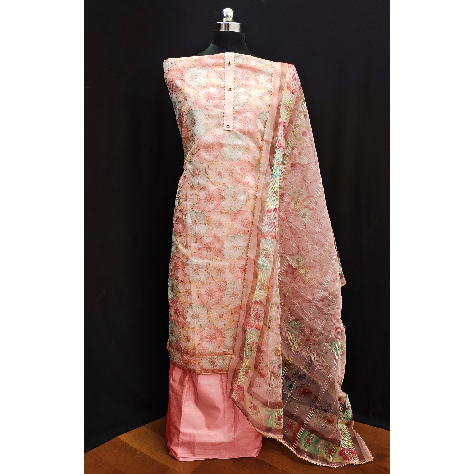 Peach Floral Printed Organza Dress Material