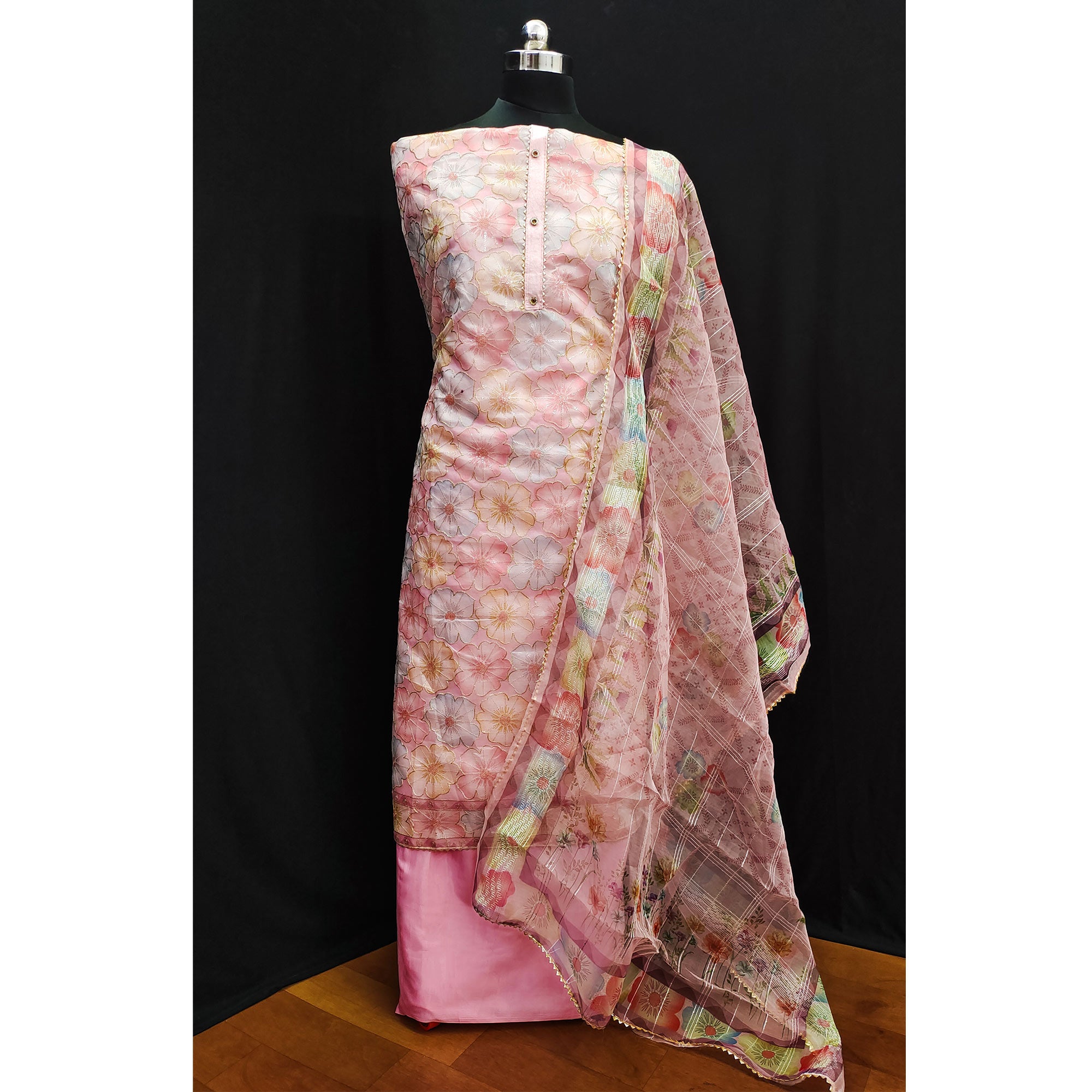 Pink Floral Printed Organza Dress Material