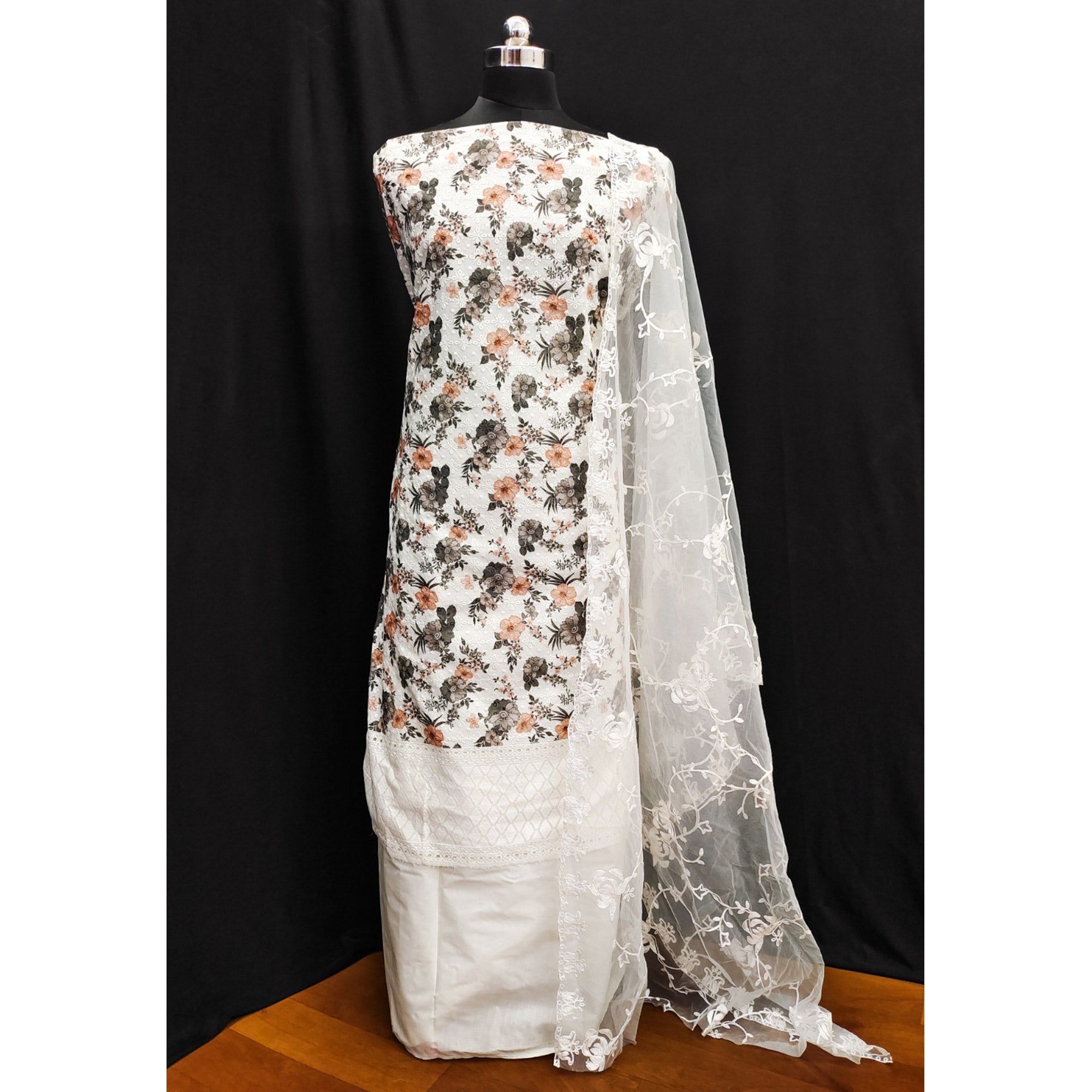 White Lucknowi With Embroidered Cotton Blend Dress Material