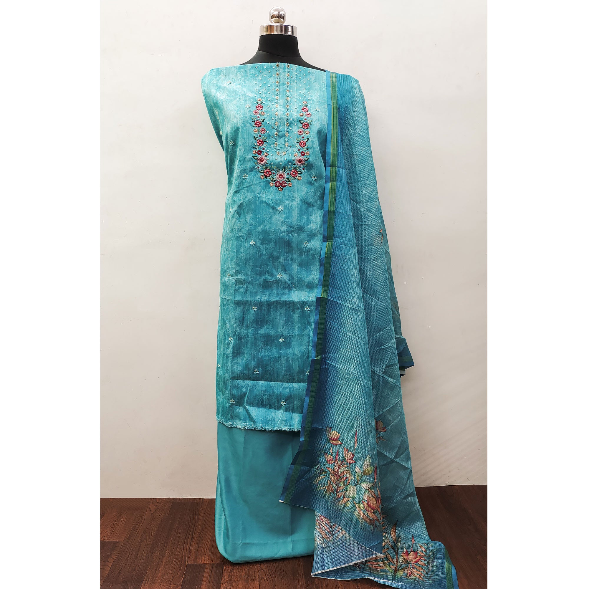 Aqua Blue Embroidered Art Silk Dress Material