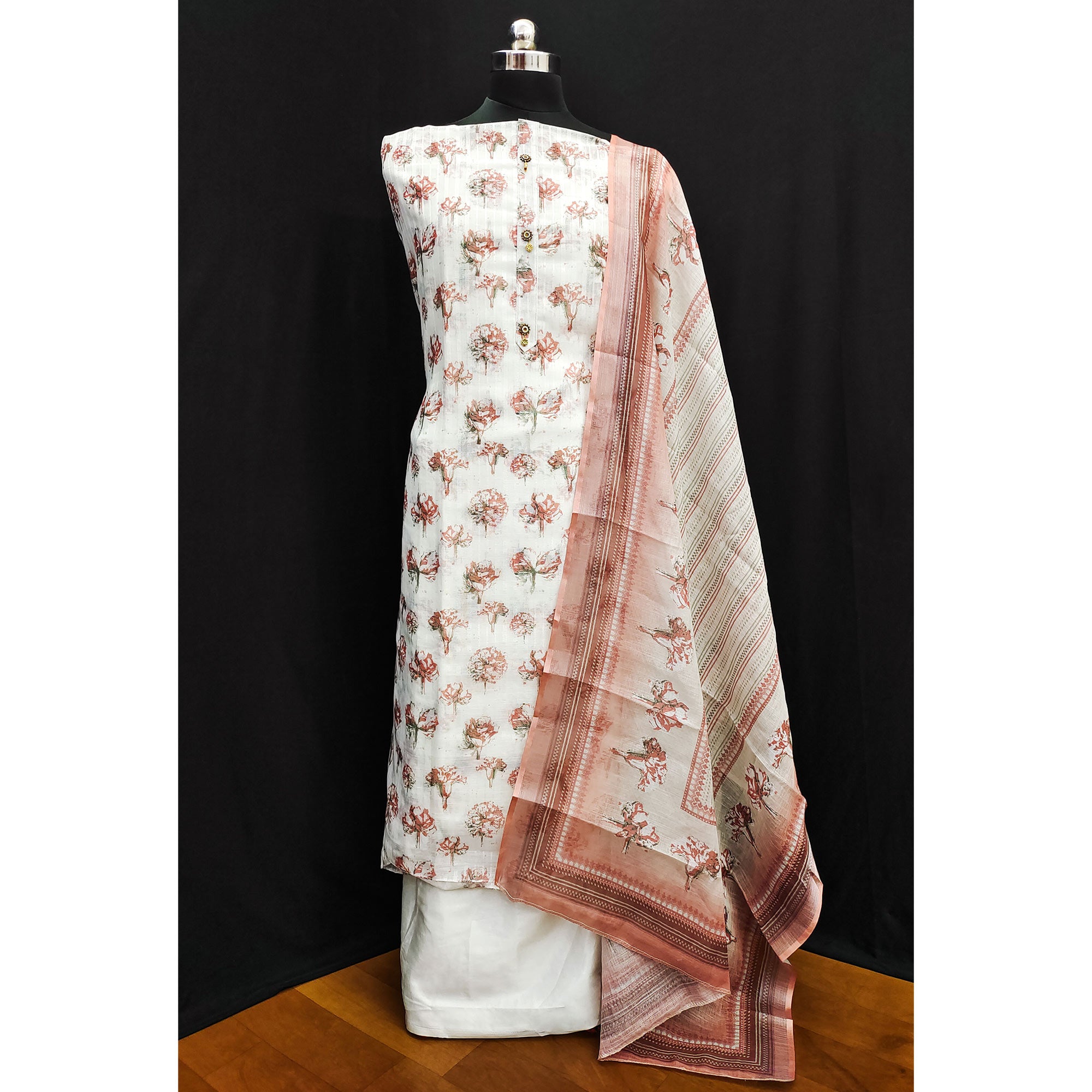 White & Rust Printed Linen Dress Material