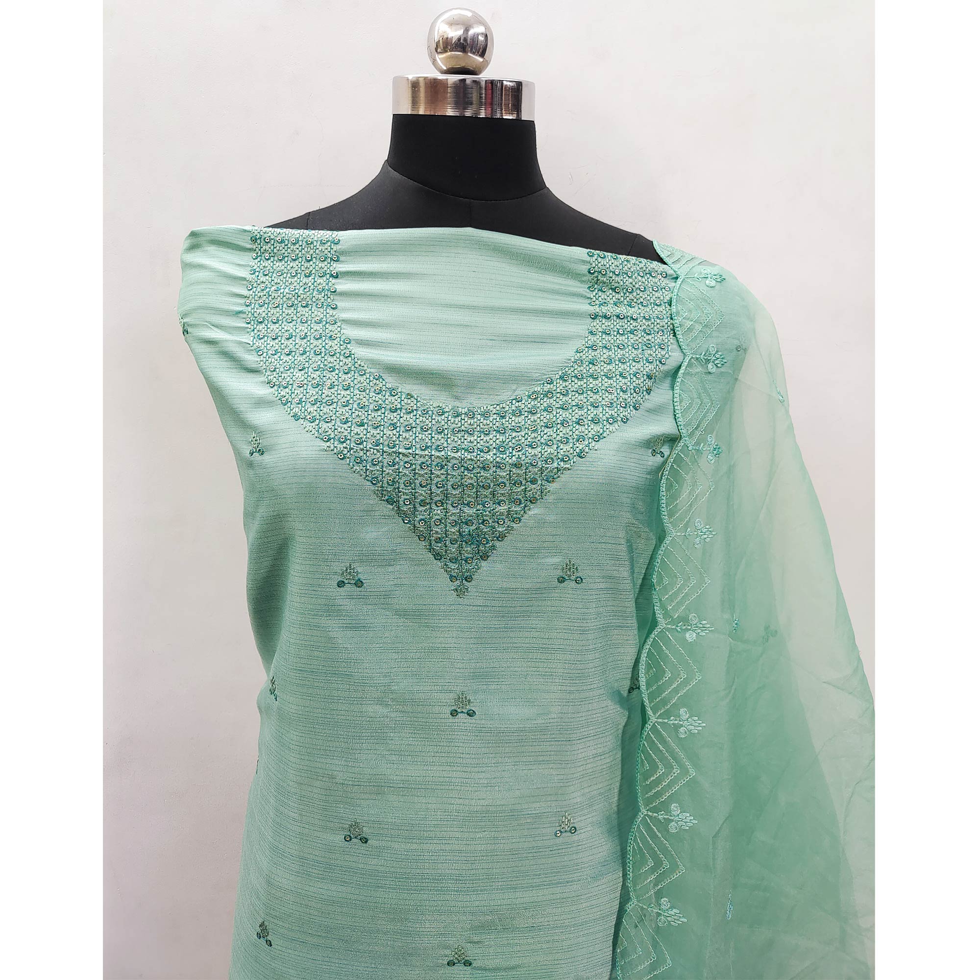 Sea Green Sequins Embroidered Art Silk Dress Material