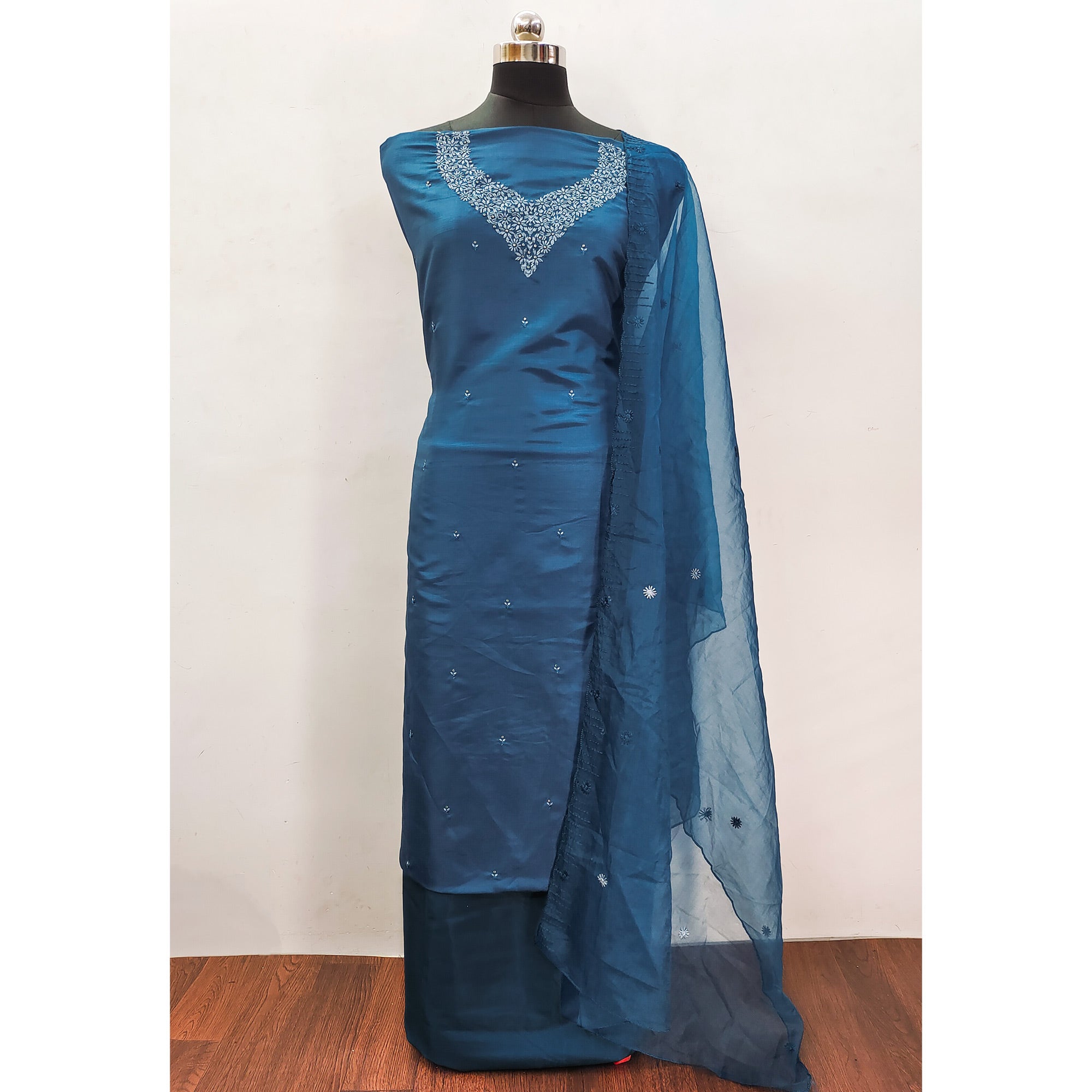 Teal Sequins Embroidered Art Silk Dress Material