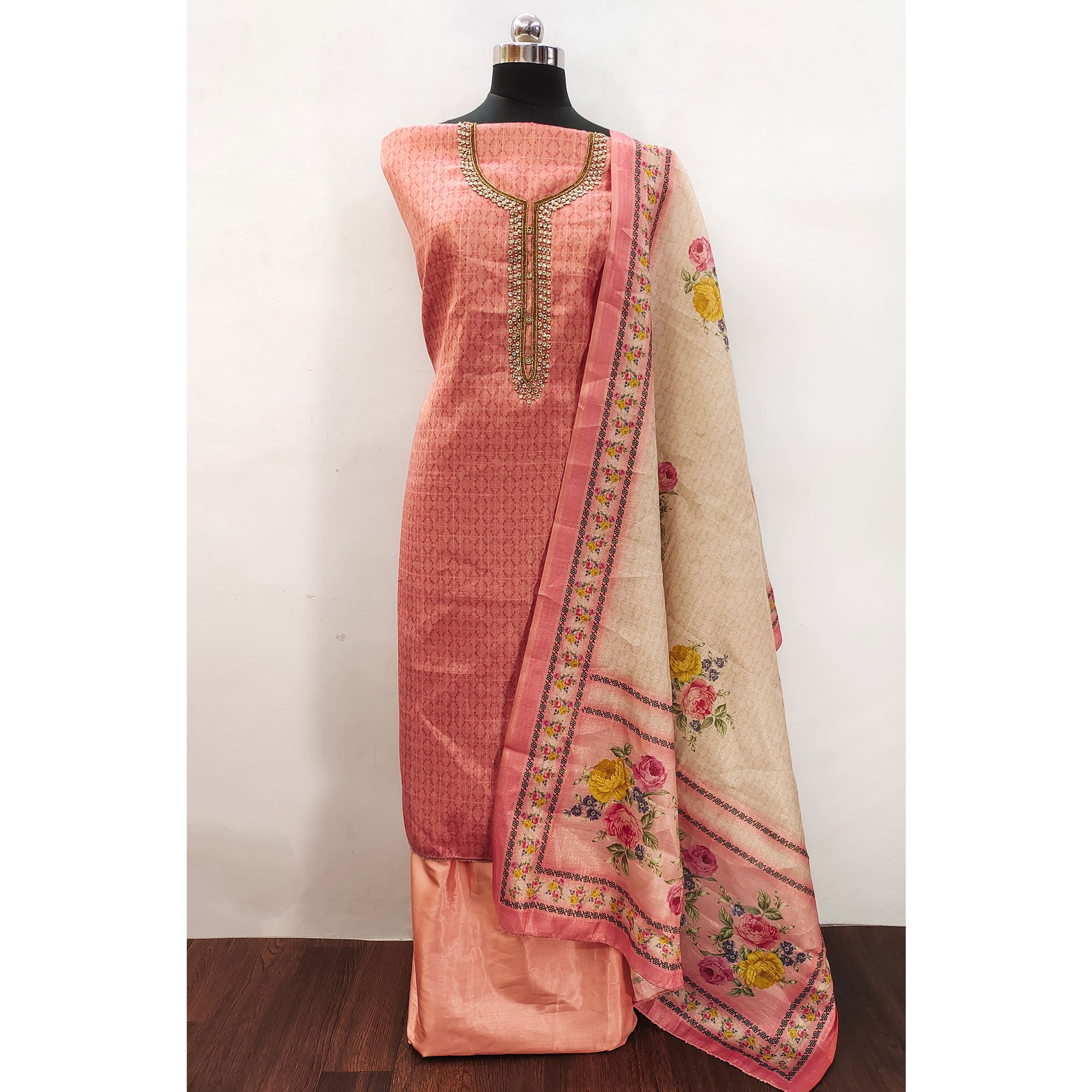 Peach Embroidered Art Silk Dress Material