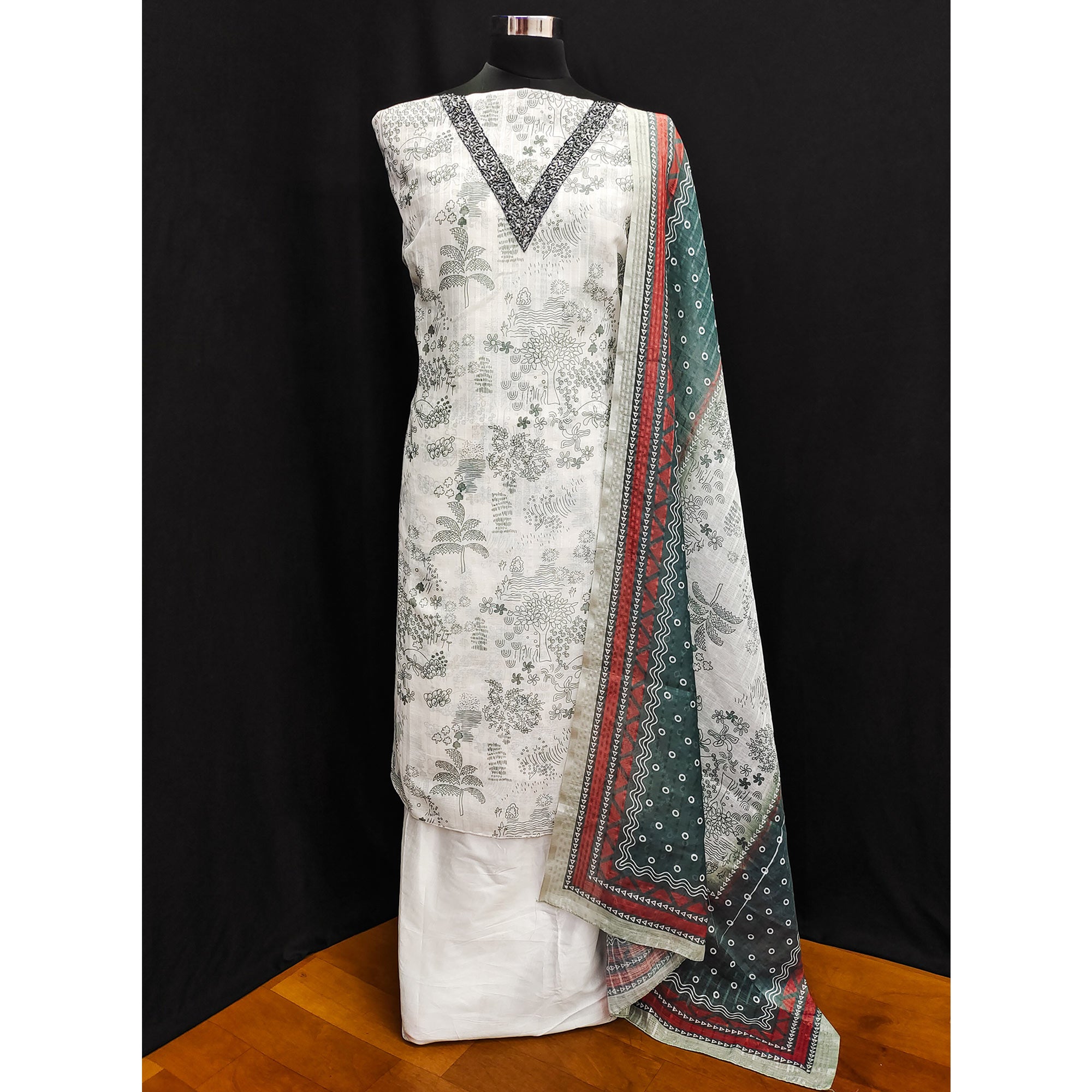 White Floral Printed Linen Dress Material